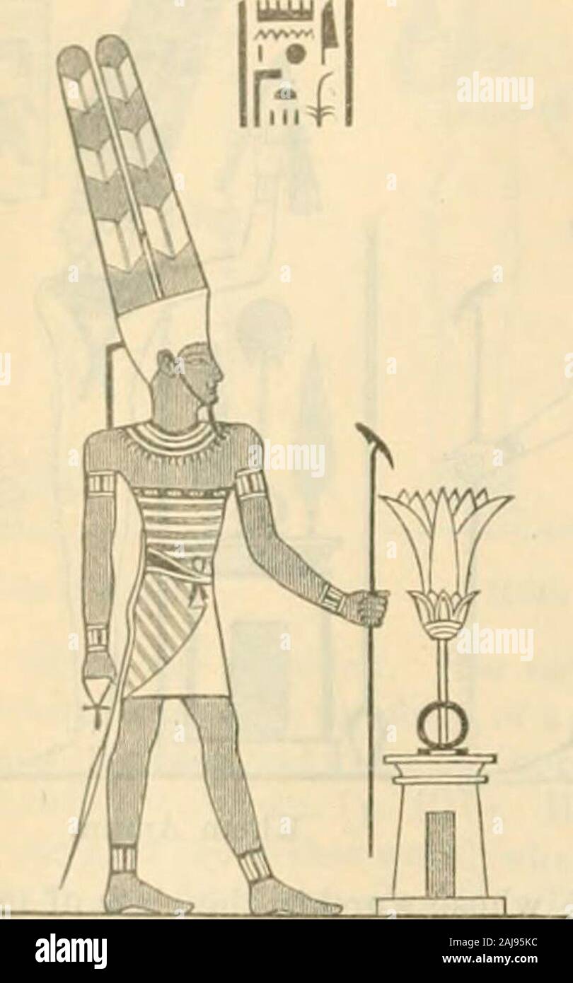 Egypt : handbook for travellers : part first, lower Egypt, with the Fayum and the peninsula of Sinai . nd Memphis, he was raised to the rank of king ofall the gods. The attributes of almost the entire Pantheon ofEgypt were soon absorbed by this highly revered deity. He reposesas a hidden power in Nun, or the primordial waters, and during RELIGION. of his self-procreation he is termed Khem. As soon as he has manifested himself, he, as the living Osiris, animates and spiritualises all creation, which through him enters npon a higher ace. On the human beings fashioned by Turn he operates mysterio Stock Photo