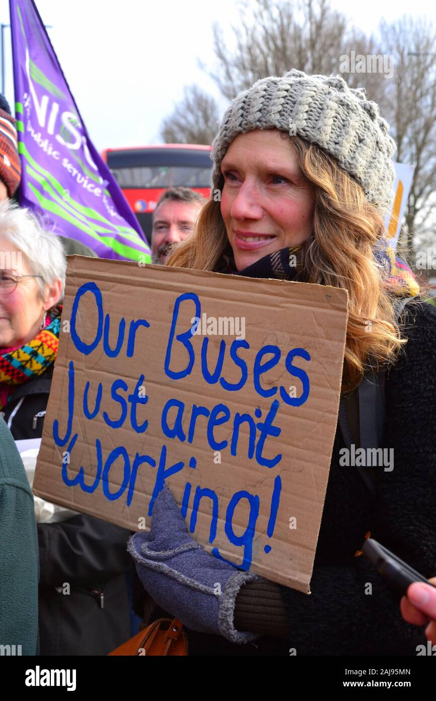A group of some 25 protesters demanding better bus services marched through Manchester, United Kingdom, on January 3, 2020. The group marched from the Stagecoach bus depot in Ardwick  to the office of the Mayor of Greater Manchester, Andy Burnham, on Oxford Road, to hand in a petition of 11,510 signatures. The protesters called for bus services to be brought back into public control. The group included Andrew Gwynne, Labour MP for  Denton and Reddish in Greater Manchester and Shadow Secretary  of State for Communities and Local Government. Stock Photo