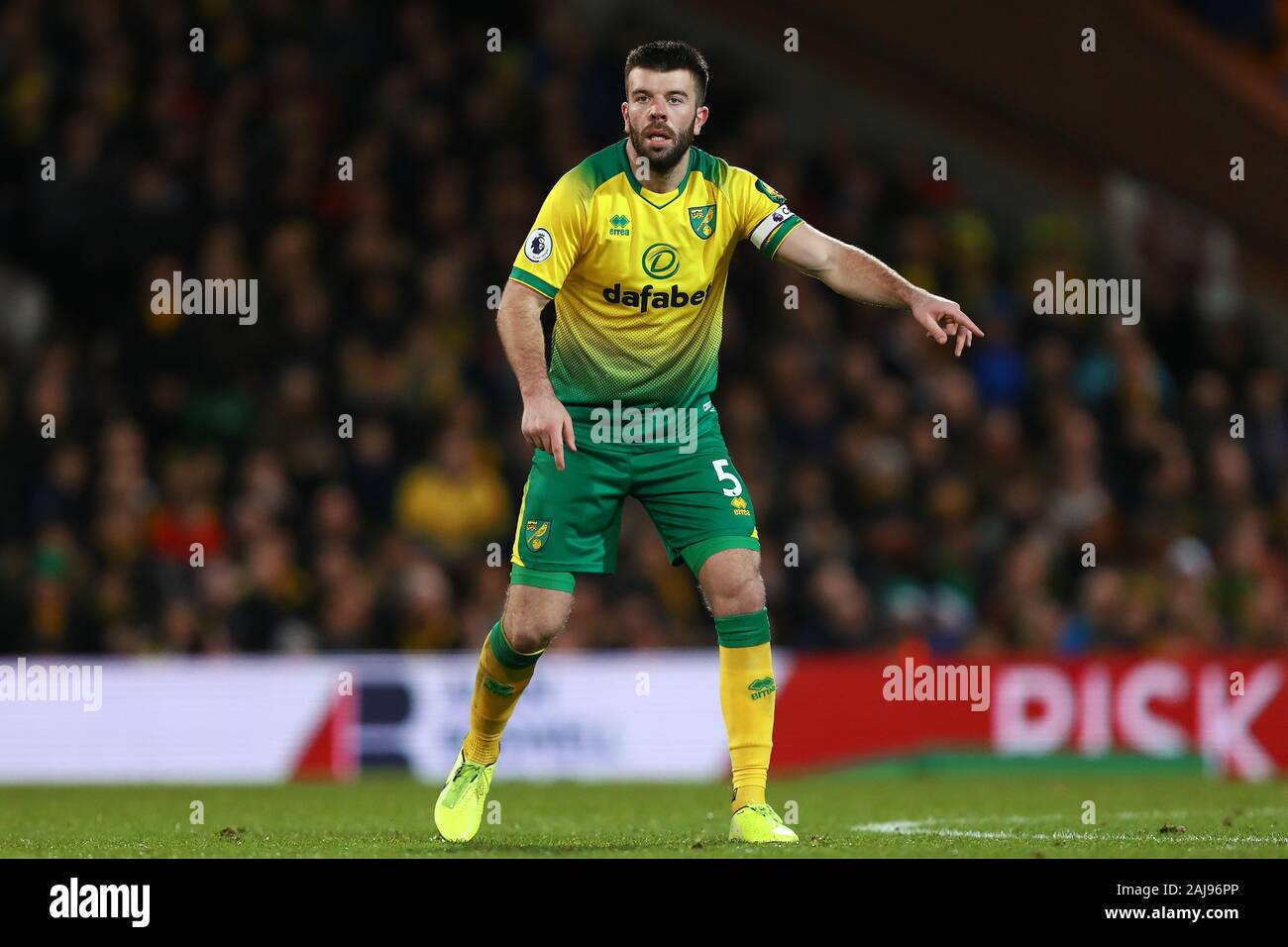 Grant Hanley of Norwich City in action during the Premier League match between Norwich City and Wolverhampton Wanderers at Carrow Road Staduim in Norwich.Final Score; Norwich City 1:2 Wolverhampton Wanderers. Stock Photo