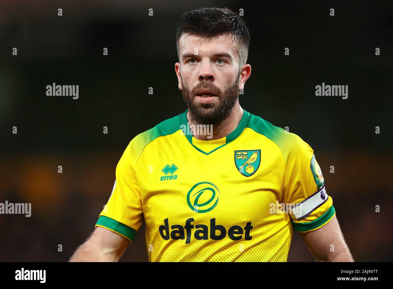 Grant Hanley of Norwich City during the Premier League match between Norwich City and Wolverhampton Wanderers at Carrow Road Staduim in Norwich.Final Score; Norwich City 1:2 Wolverhampton Wanderers. Stock Photo