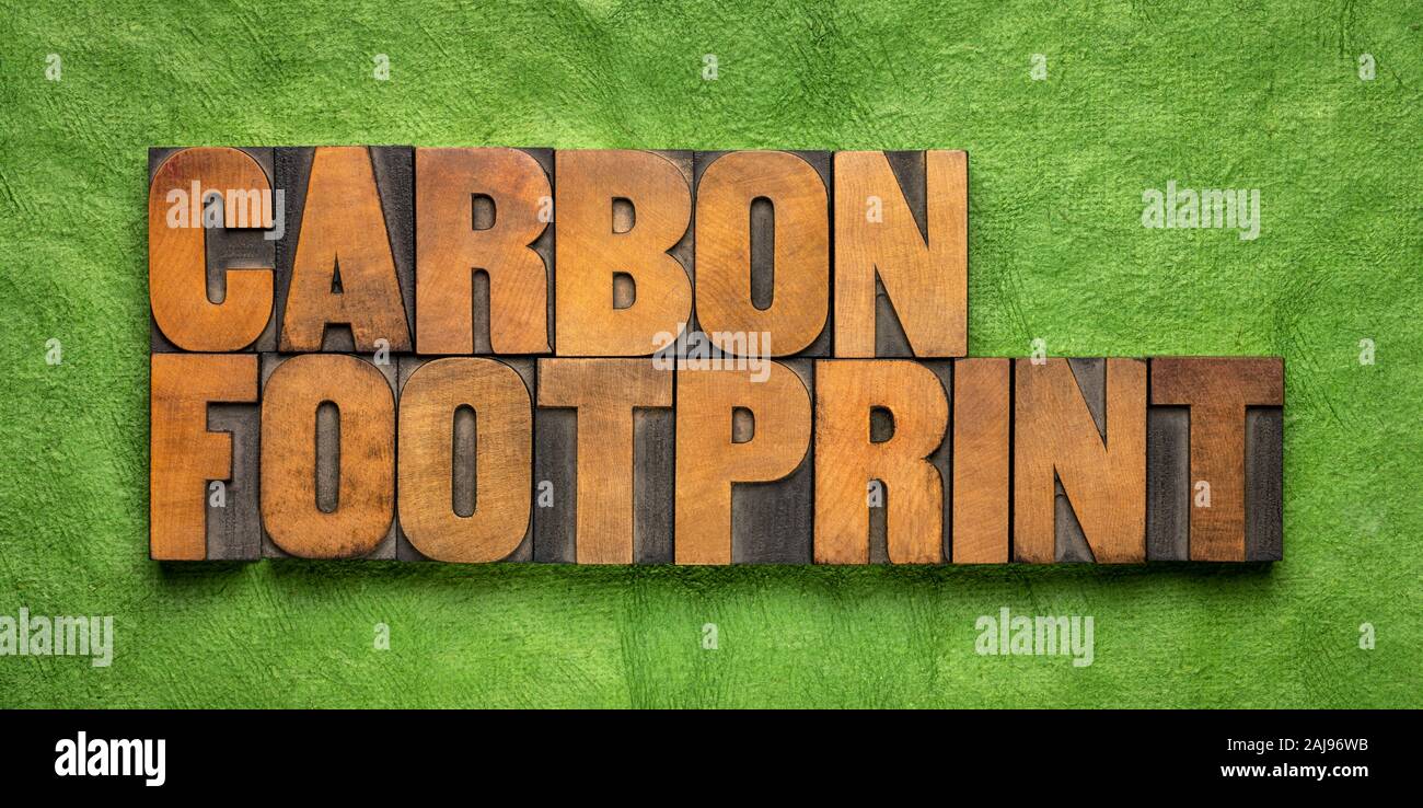 carbon footprint, fossil fuel emission, global warming and climate change concept  - words in vintage wooden letterpress wood type against green handm Stock Photo