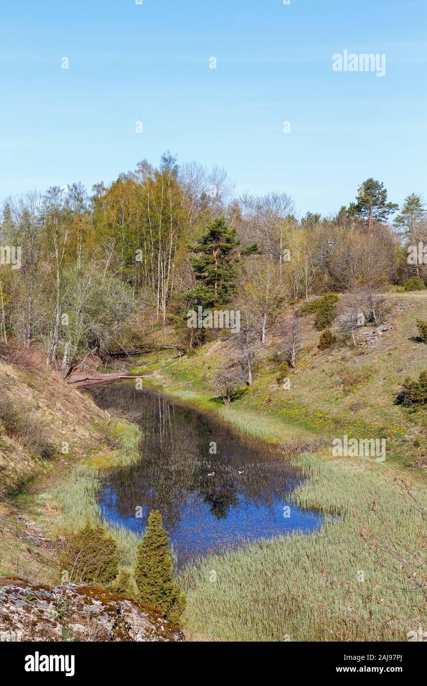 Limestone Ravines Limestone ravine with a pond in a beautiful spring landscape Stock ...