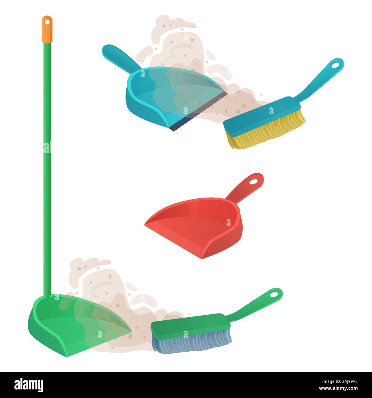 Cartoon plastic scoop set. Brush sweeps dust and dirt on dustpan. Housework, cleaning services, household, concept. Equipment for cleaning element Stock Vector
