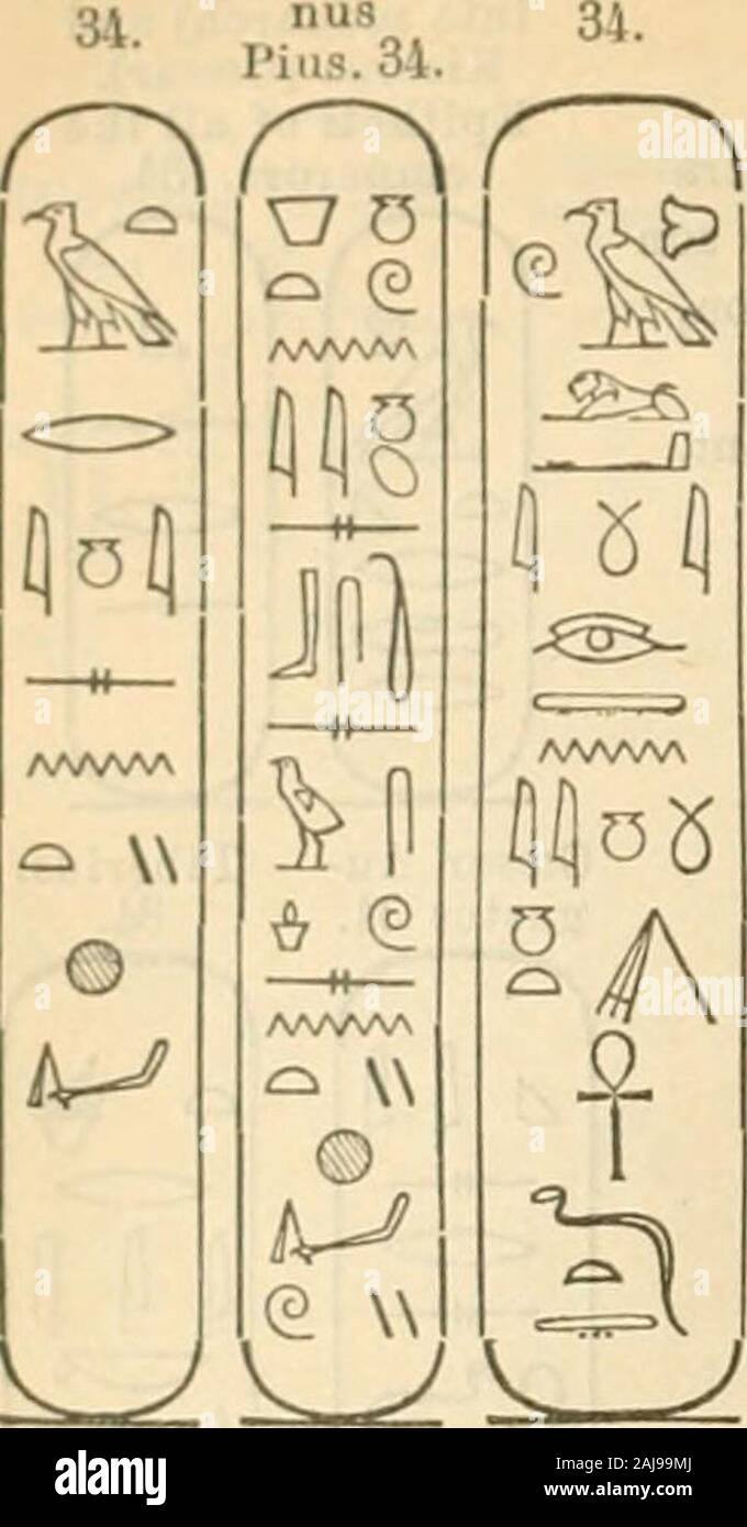 Egypt : handbook for travellers : part first, lower Egypt, with the Fayum and the peninsula of Sinai . ^J. ^L 121 NAMES OF KINGS. Hadrian. Antoni- Aurelius. Comino- Sevcrus. Antoninus. Geta. De. dus. 34. A a 7 O Do W Q (Caracalla), o» 34. AAAAM 0 D O AA/WA Q w o r v^v^ fc ^ o v^ VI. Religion of the Ancient Egyptians. The difficulty of thoroughly comprehending the fundamental ideaswhich underlay the religion of the ancient Egyptians is increased bytwo important circumstances. The first of these is, that the hier-archy of Egypt studiously endeavoured to obscure their dogmas by theuse of symb Stock Photo