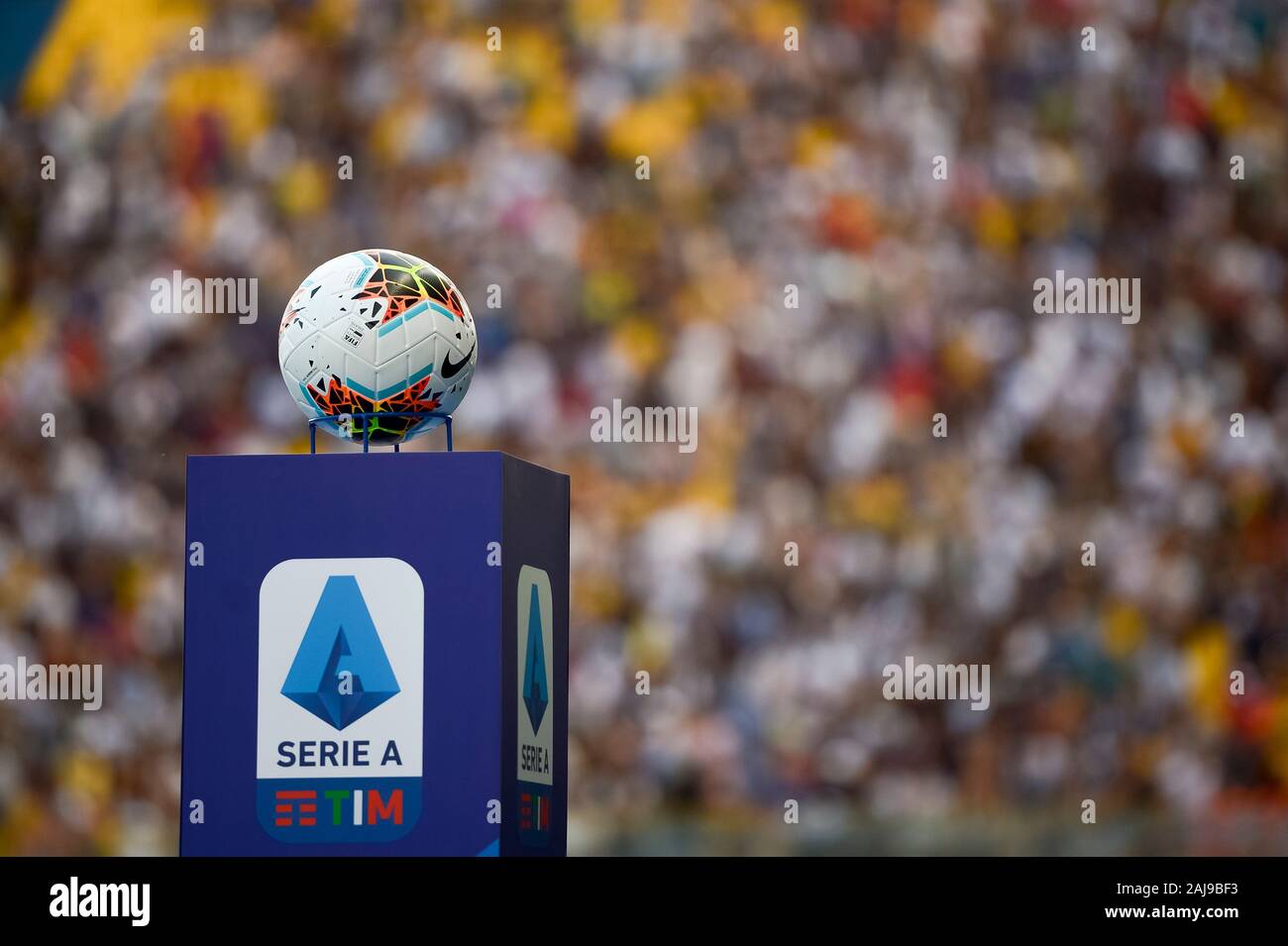 Parma, Italy. 24 August, 2019: Nike Merlin, official match ball of Serie A  2019-2020, is pictured prior to the Serie A football match between Parma  Calcio and Juventus FC. Juventus FC won