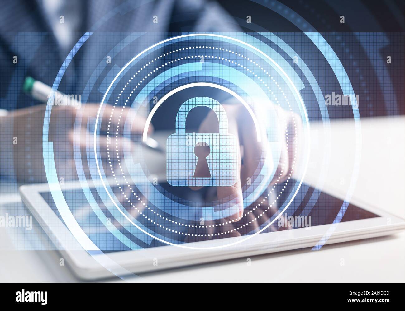 Cyber security and data privacy protection. Virtual locking padlock ...