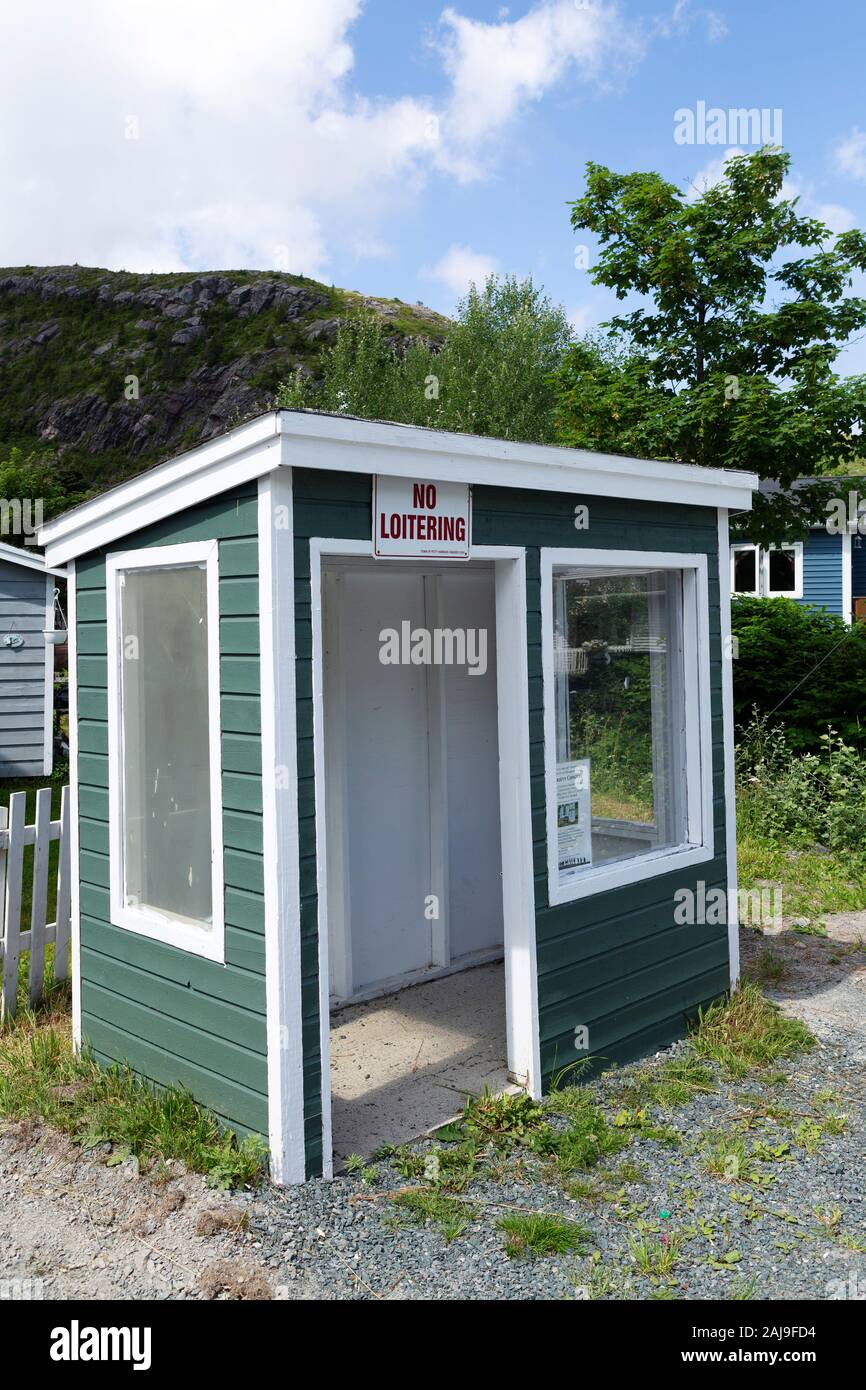 Bus shelter in Newfoundland and Labrador, Canada. A sign warns 'No Loitering'. Stock Photo
