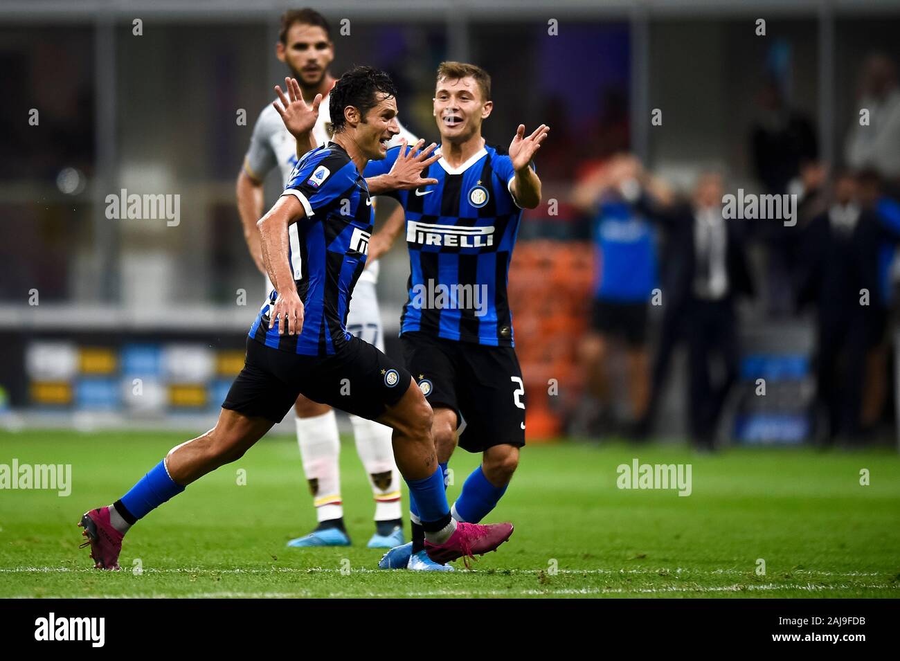 Milan, Italy. 26 August, 2019: Marcelo Brozovic of FC Internazionale celebrates with Nicolo Barella of FC Internazionale after scoring a goal during the Serie A football match between FC Internazionale and US Lecce. FC Internazionale won 4-0 over US Lecce. Credit: Nicolò Campo/Alamy Live News Stock Photo