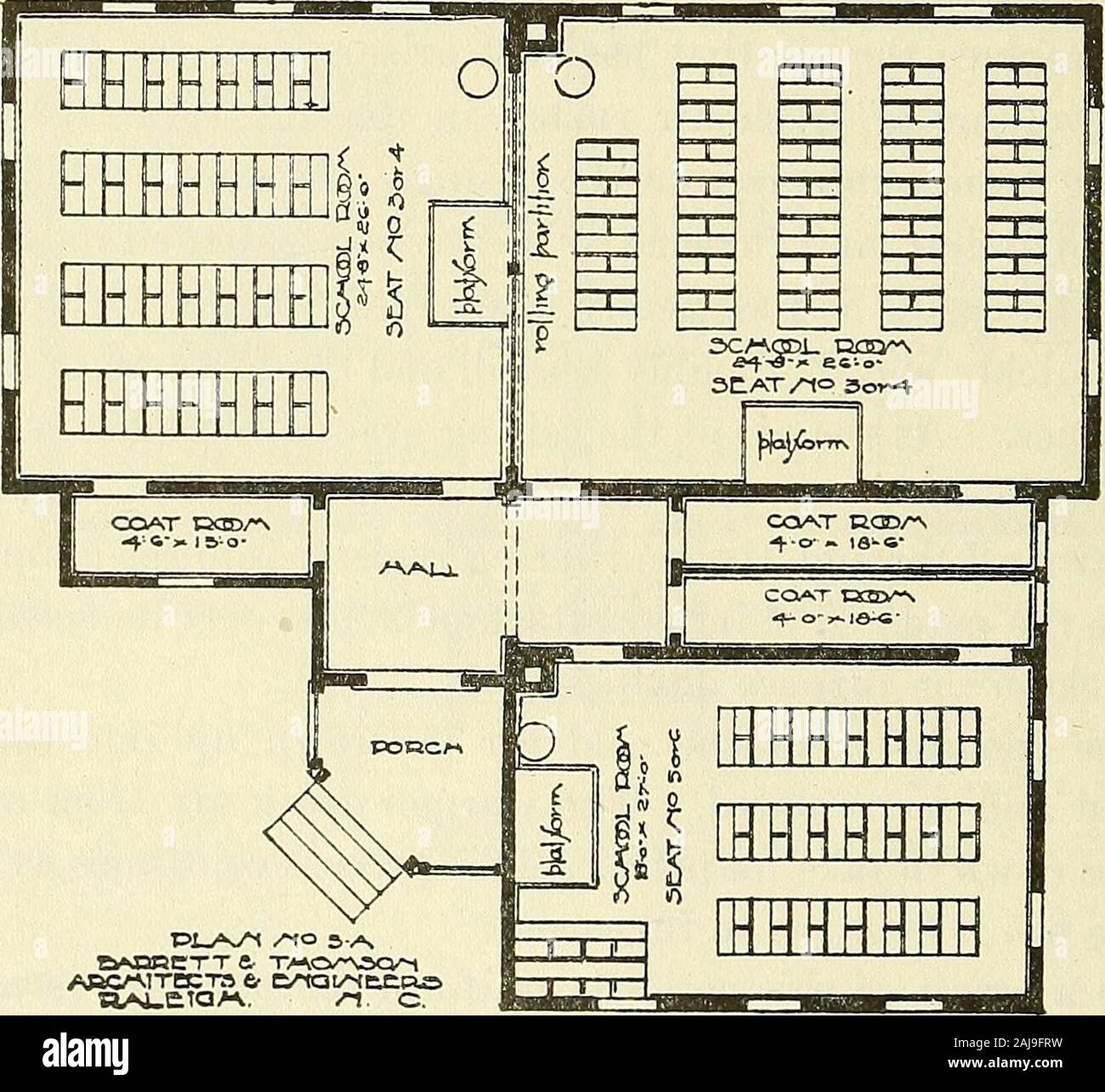 Plans for public schoolhouses approved by the state superintendent of public instruction with explanations, specifications, bills of material, estimates of cost . Design No. 3 A.. ARCHITECTS & C/TaiA(EiCR.» Plan No. 3 A. PLANS FOE PUBLIC SCHOOLHOUSES. 19 All pupils in the room, whether near or far from the furnace,receive the same amount of heat. A constant supply of fresh air from out of doors is pro-vided for both teacher and pupils, and the foul air is expelledfrom the room without any draughts. The air in an ordinaryschoolroom is changed about once in every ten minutes. The plant, being pl Stock Photo