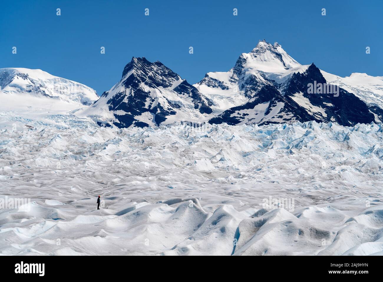 Man standing on the famous Perito Moreno Glacier near El Calafate in Argentina, Patagonia, South America. Stock Photo