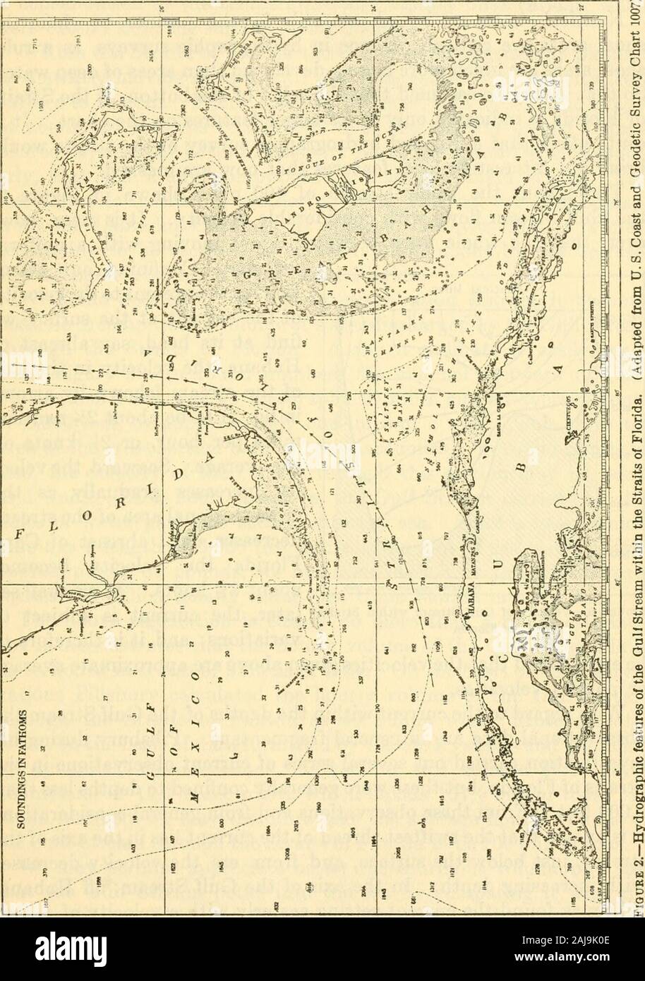 Annual report of the Board of Regents of the Smithsonian Institution . he region where the Gulf of Mexiconarrows to form the channel between Florida Keys and Cuba may beregarded as the head of the Gulf Stream. Here the width of itschannel is 95 nautical miles. Eastward the channel becomes nar-rower, reaching its least width in the so-called narrows, abreast ofCape Florida, where it is but half its original width. From here itwidens somewhat until it meets the open sea north of Little BahamaBank. otto Kriimmel: Handbuch der Ozeanographie, 2 vols., Stuttgart, 1907-1911. • Gerhard Schott: Geograp Stock Photo