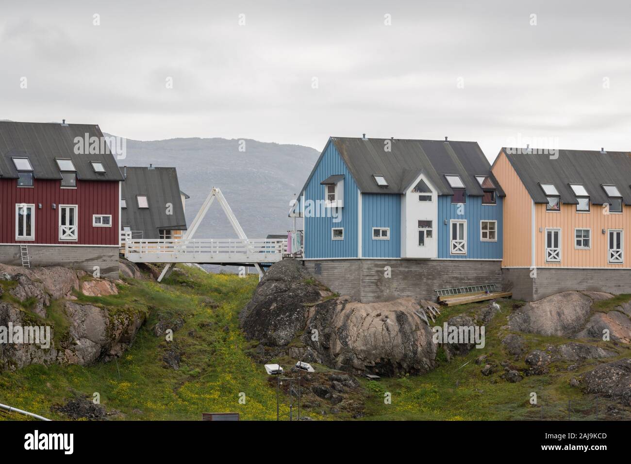 Colourful wooden houses in Qaqortoq, the most populous town in southern Greenland. Stock Photo