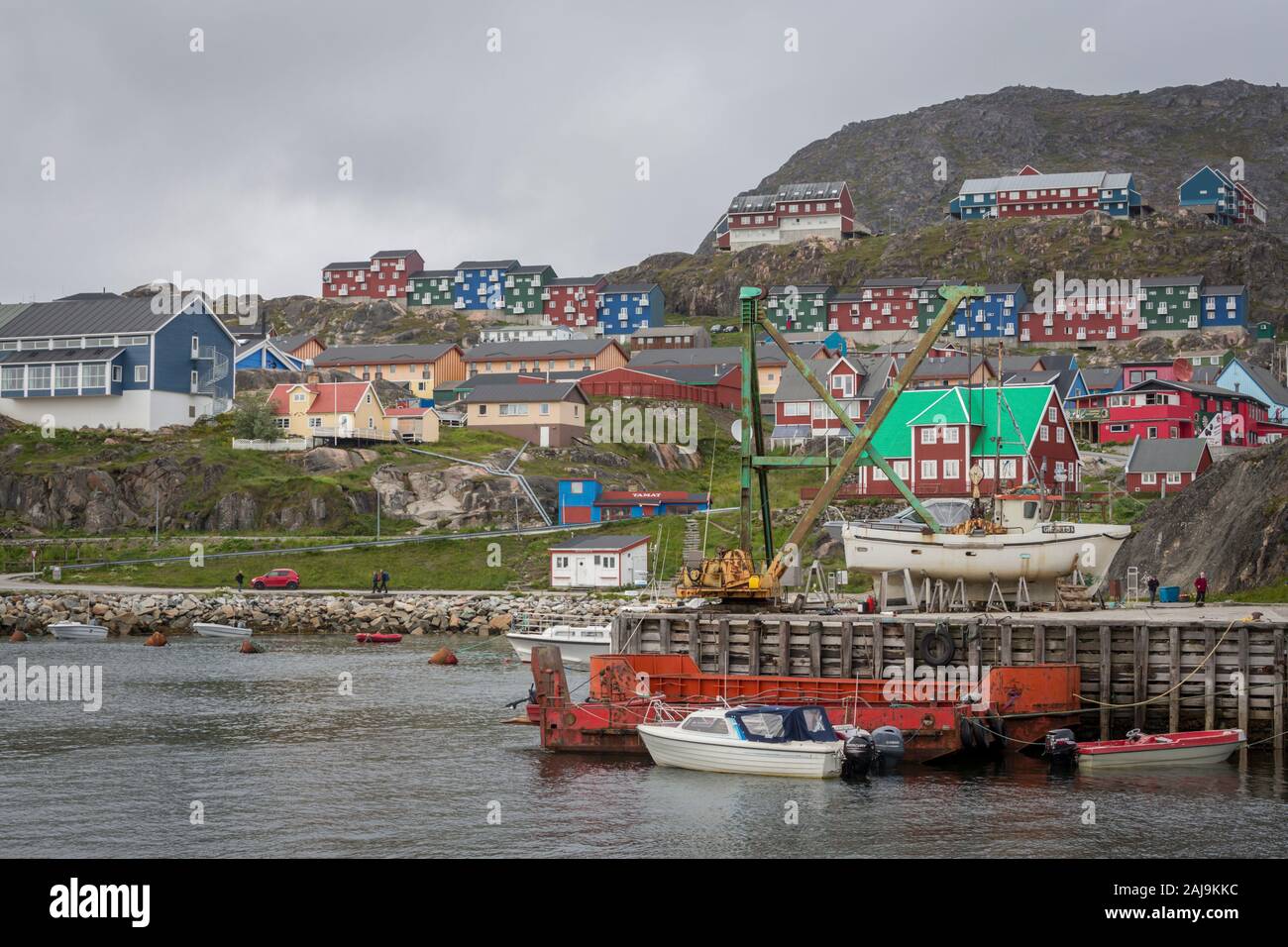 Qaqortoq is the most populous town in southern Greenland, and Greenland's fourth largest town.   It is a seaport, and fishing is an important industry. Stock Photo