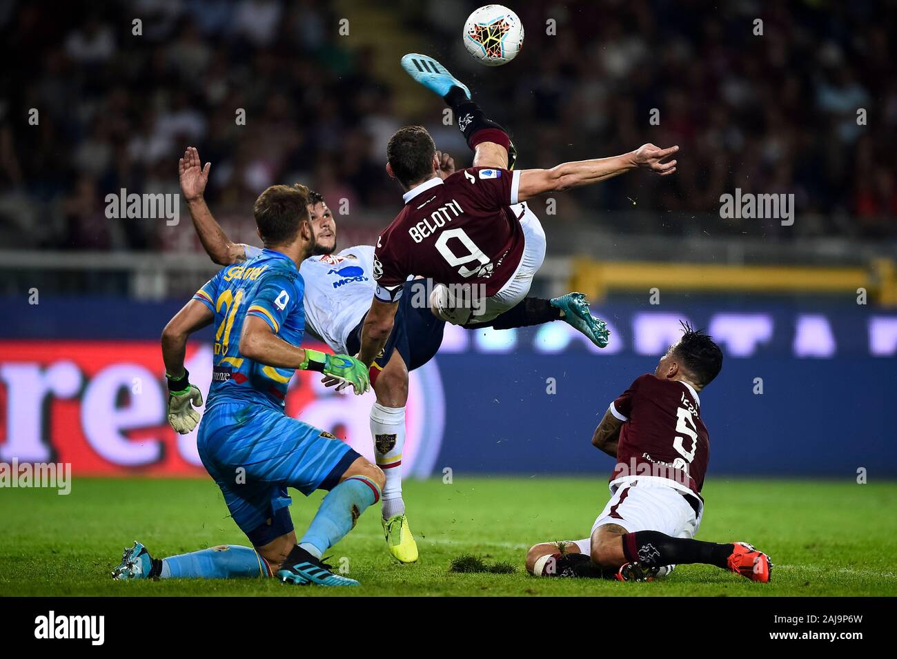 Turin, Italy. 16 September, 2019: Andrea Belotti (C) of Torino FC attempts a bicycle kick during the Serie A football match between Torino FC and US Lecce. US Lecce won 2-1 over Torino FC. Credit: Nicolò Campo/Alamy Live News Stock Photo