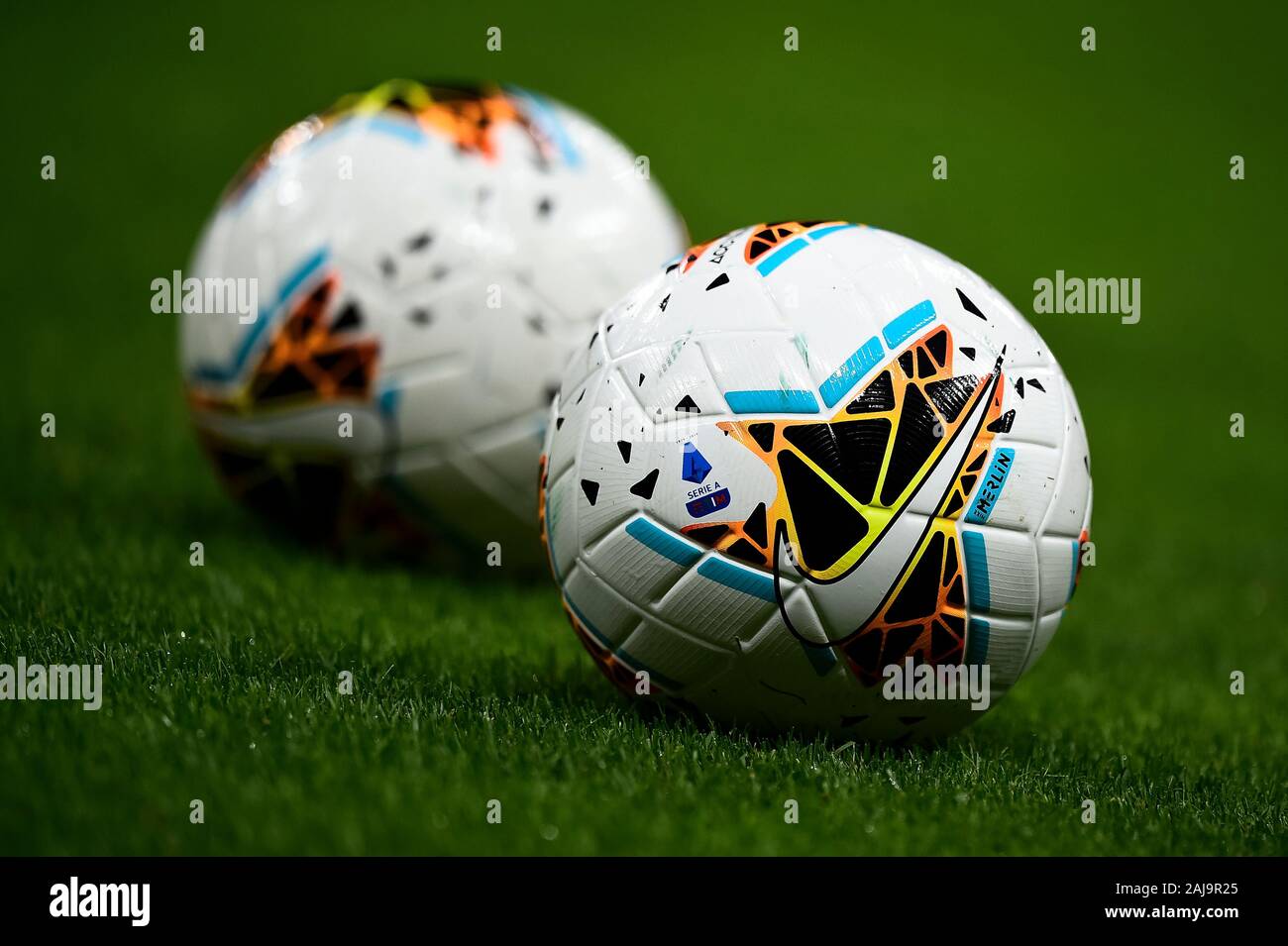 Milan, Italy. 21 September, 2019: Official Serie A match balls Nike Merlin  are pictured prior to the Serie A football match between AC Milan and FC  Internazionale. FC Internazionale won 2-0 over