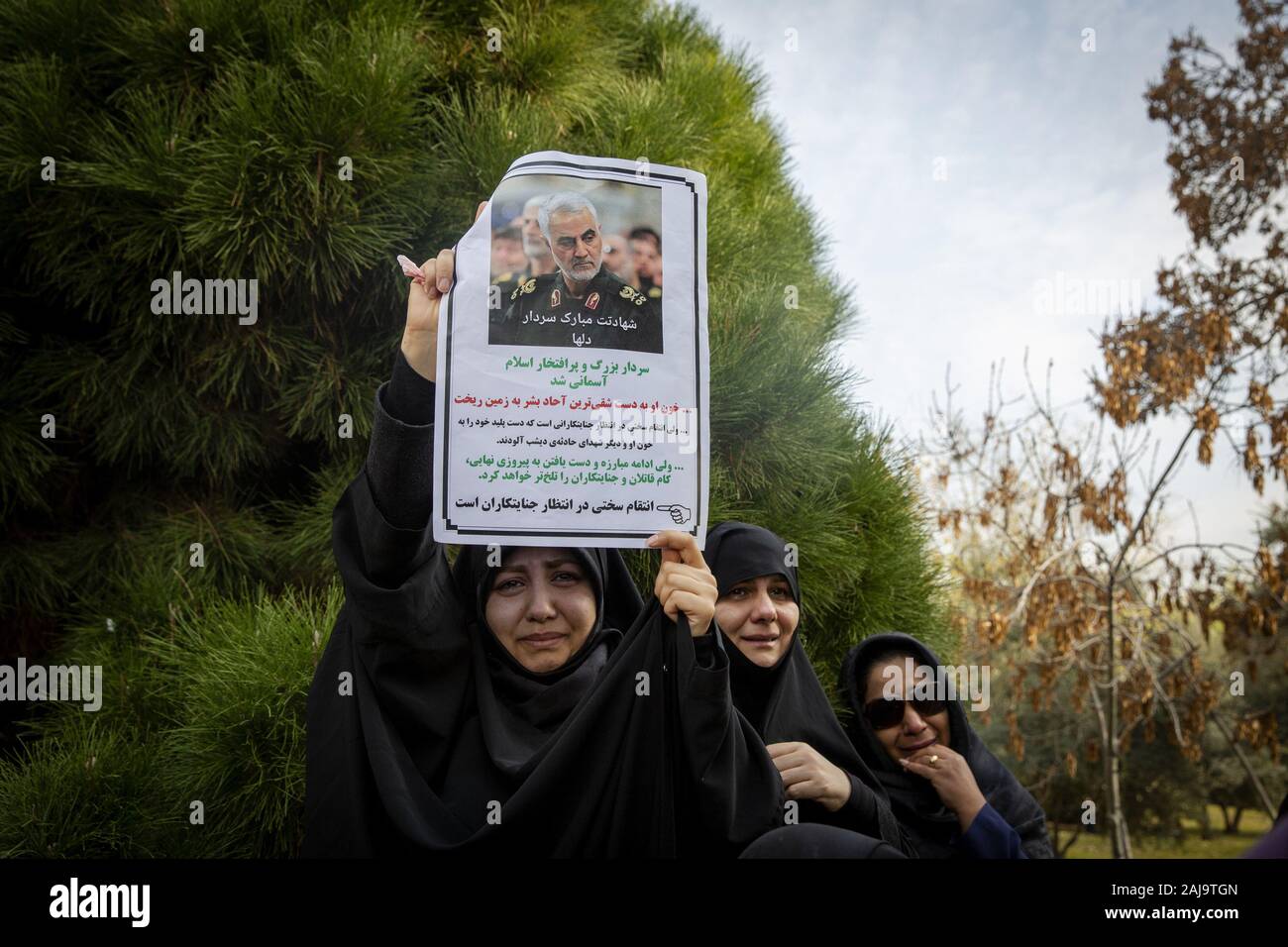 Tehran, Iran. 03rd Jan, 2020. Iranian women take to the streets as they mourn the death of Iranian Revolutionary Guard Commander Qassem Soleimani during a demonstration after Friday prayer in Tehran, Iran, on January 3, 2020. Soleimani was killed by the U.S. airstrike in Baghdad, Iraq. Photo by Maryam Rahmanian/UPI Credit: UPI/Alamy Live News Stock Photo
