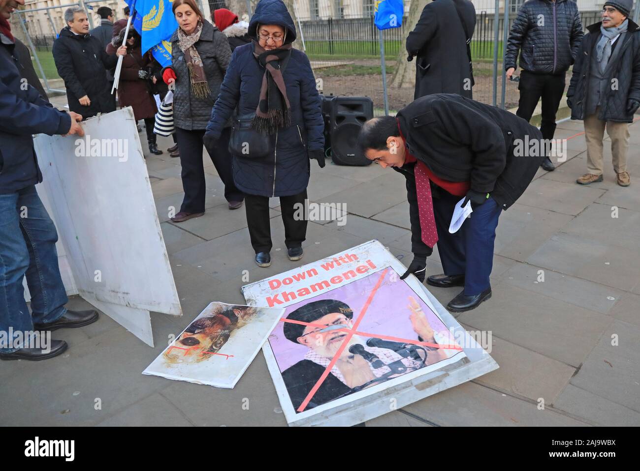 Protesters outside Downing Street in London after the US killed General Qassem Soleimani in a drone strike at Baghdad's international airport. Soleimani was head of Tehran's elite Quds Force and Iran's top general. Stock Photo