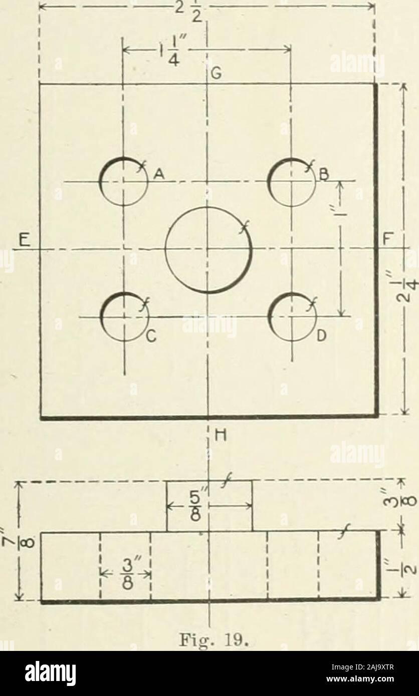 Cyclopedia of mechanical engineering; a general reference work Editor-in-chief Howard Monroe Raymond Assisted by a corps of mechanical engineers, technical experts, and designers of the highest professional standing . t the cylinder is onthe center of the rectangular piece is shown by tlie lines E Fand G H being drawnthrough the center ofthe circle in the planview, these lines beingthe center lines both ofthe cylinder and of therectangular piece. Ifthe cylinder were noton the center, two othercenter lines would bedrawn thiough the circleand the dimensionsgiven from each ofthese lines to the ce Stock Photo