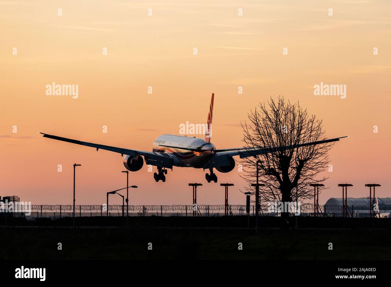 Biman Bangladesh Airlines Boeing 777 registration S2-AFO landing on December 29th 2019 at London Heathrow Airport, Middlesex, UK Stock Photo