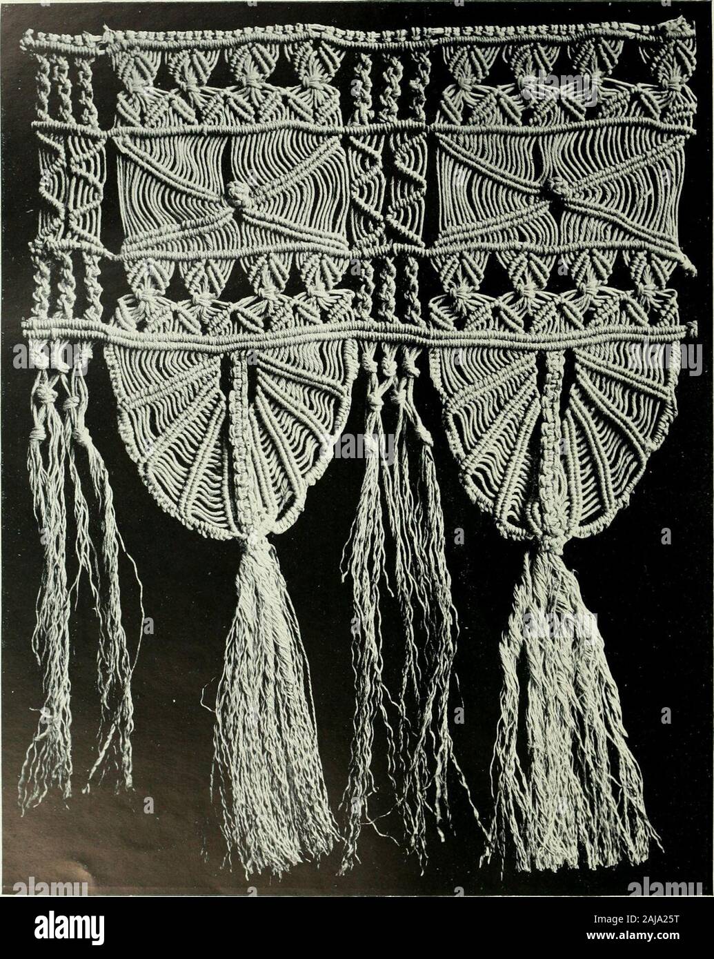 Seven centuries of lace . Plate LXXXl. THREE SPECIMENS OF EARLY IRISH NEEDLE-POINT LACE No. I has a tape introduced. No. 3 is the so-called Carrickmacross lace (first made about 1848) Together 6 ft. About 1848. Plate LXXXII. SPECIMEN UF KNOTTED AND TWISTED STRING OR THREAD WORK, CALLED MACRAME This sort of work is often madi- by knotting; the frayr-d ends on the edge of a woven material, or else separately by knottingstrings or cords of linen or silk, the ends of which are fastened to a small cushion or pillow, but bobbins are not used iu this work. lo in. x 12 in. Italian, iSth century Stock Photo