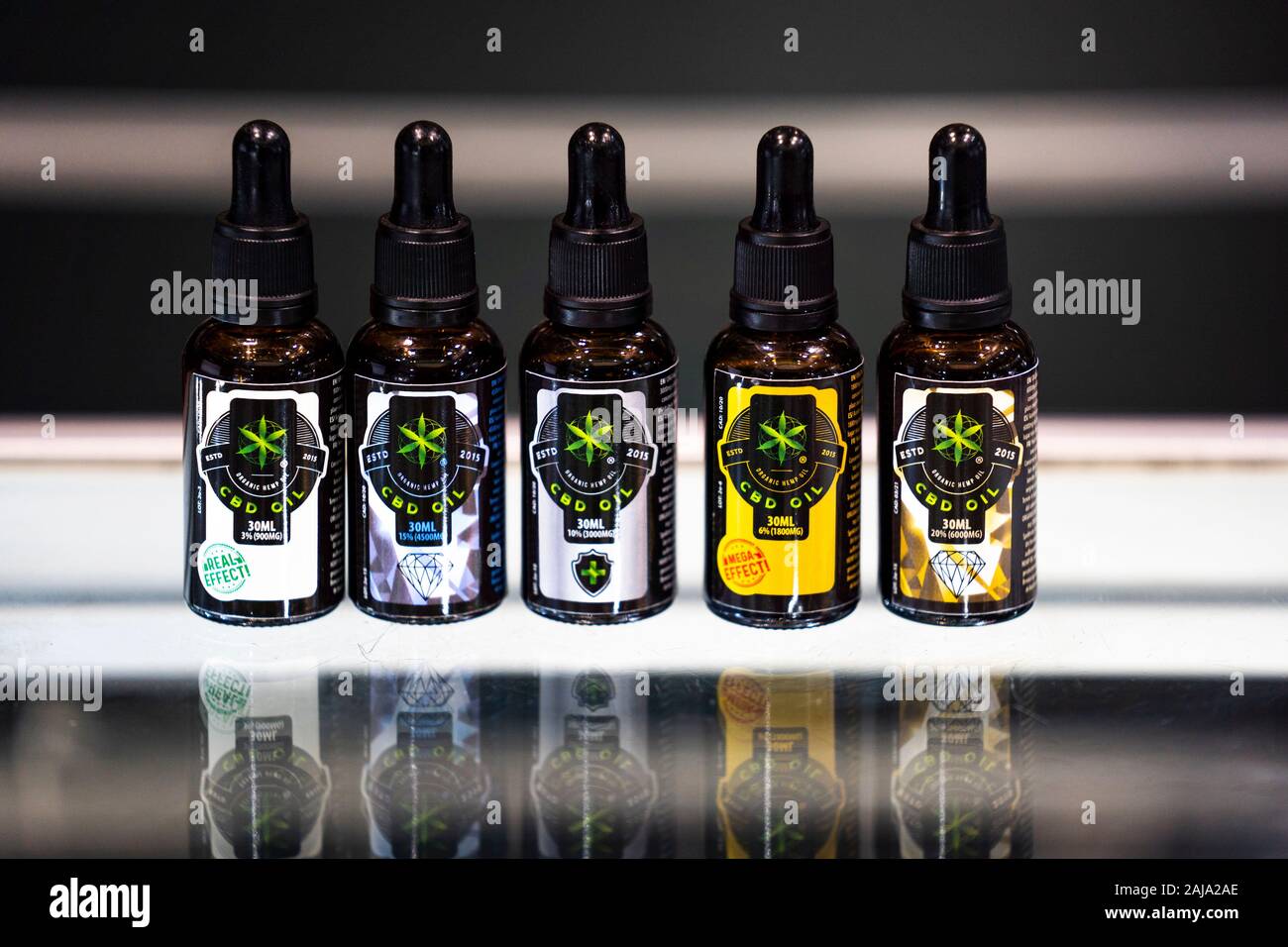 CBD oil products for sale on UK high street. Stock Photo