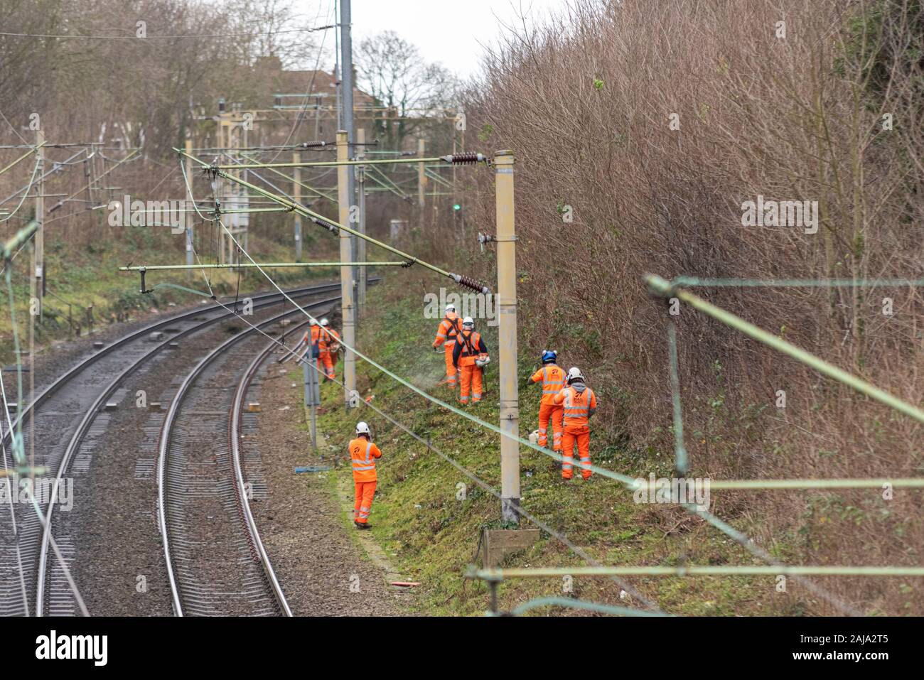 RailScape workers cutting back vegetation close to the track of the C2C railway in Southend on Sea, Essex, UK. Permanent way Stock Photo