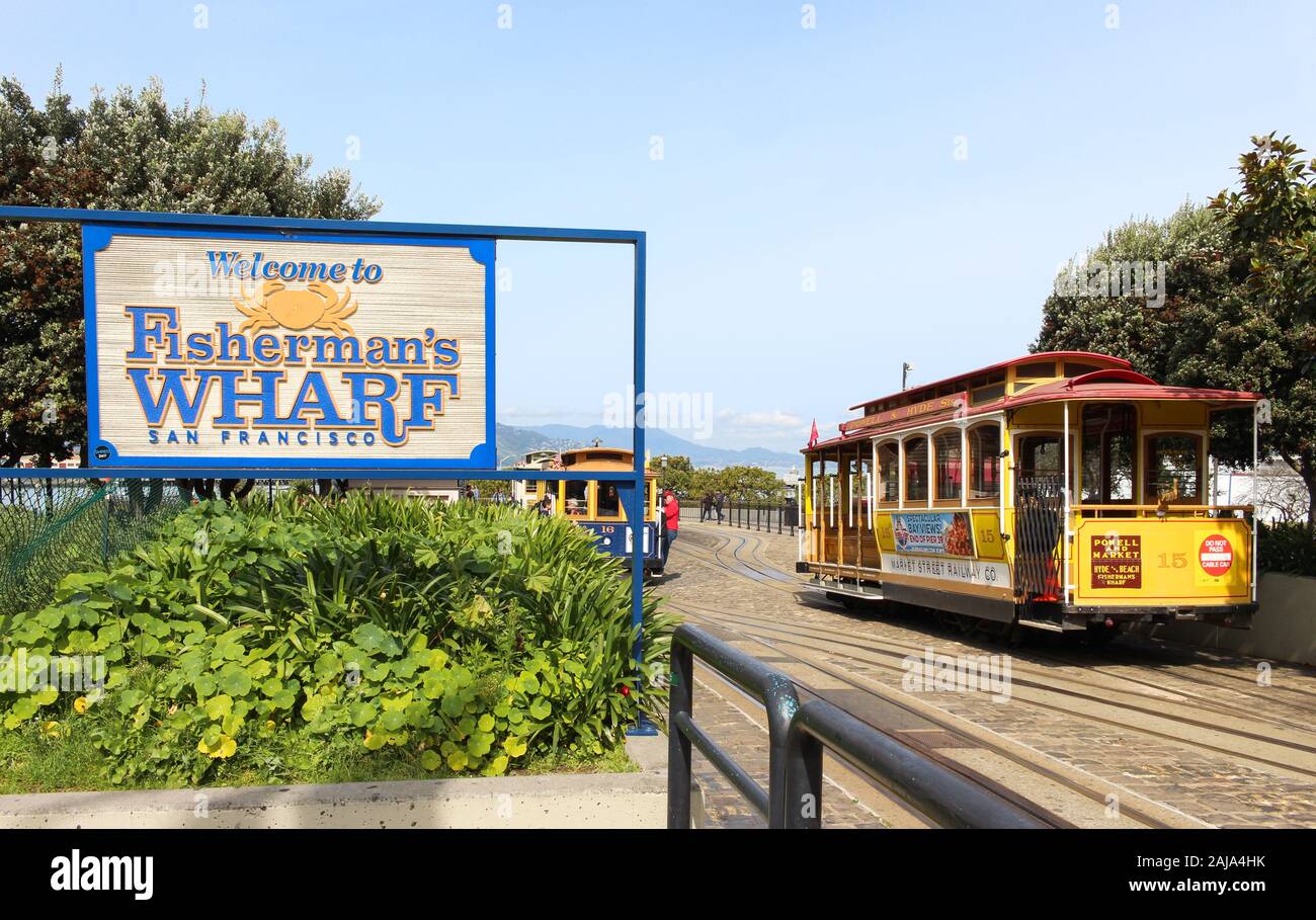 Fisherman Wharf sign at cable car station in San Francisco, United