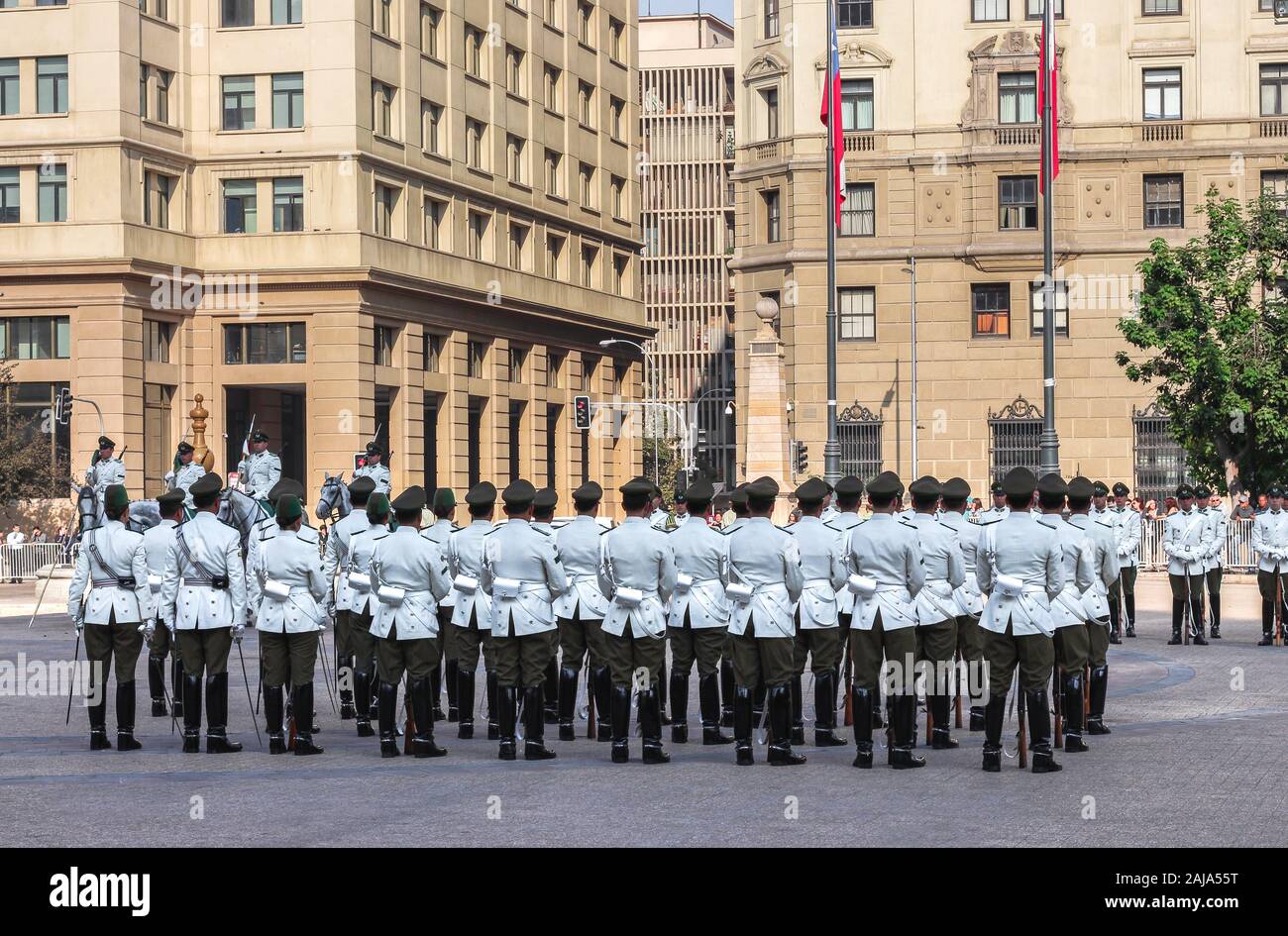 Group of soldiers participating in the change of guard at the Palacio de la Moneda in Santiago, Chile. Stock Photo