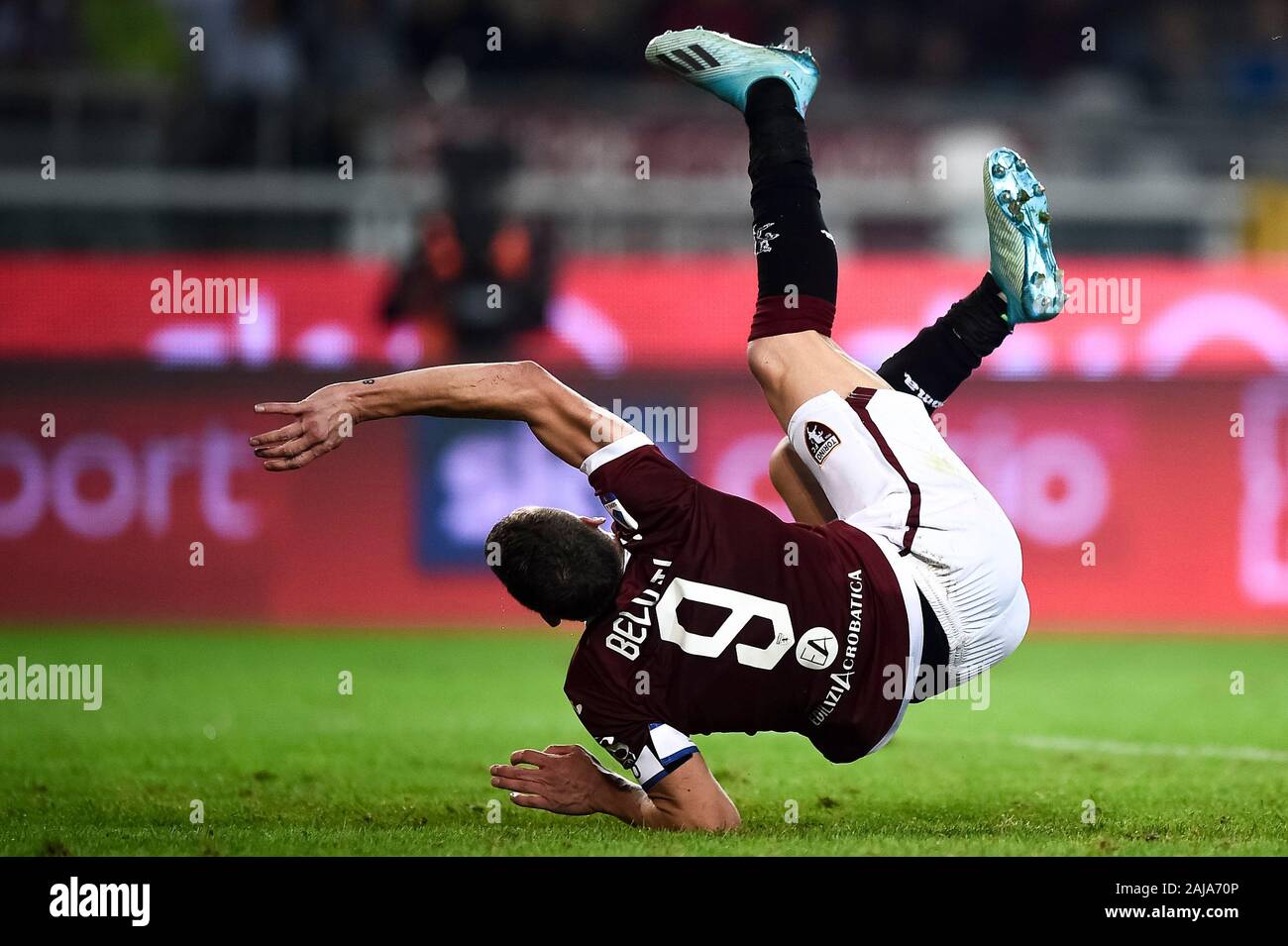 Turin, Italy. 26 September, 2019: Andrea Belotti of Torino FC scores a goal from an bicycle kick during the Serie A football match between Torino FC and AC Milan. Torino FC won 2-1 over AC Milan. Credit: Nicolò Campo/Alamy Live News Stock Photo