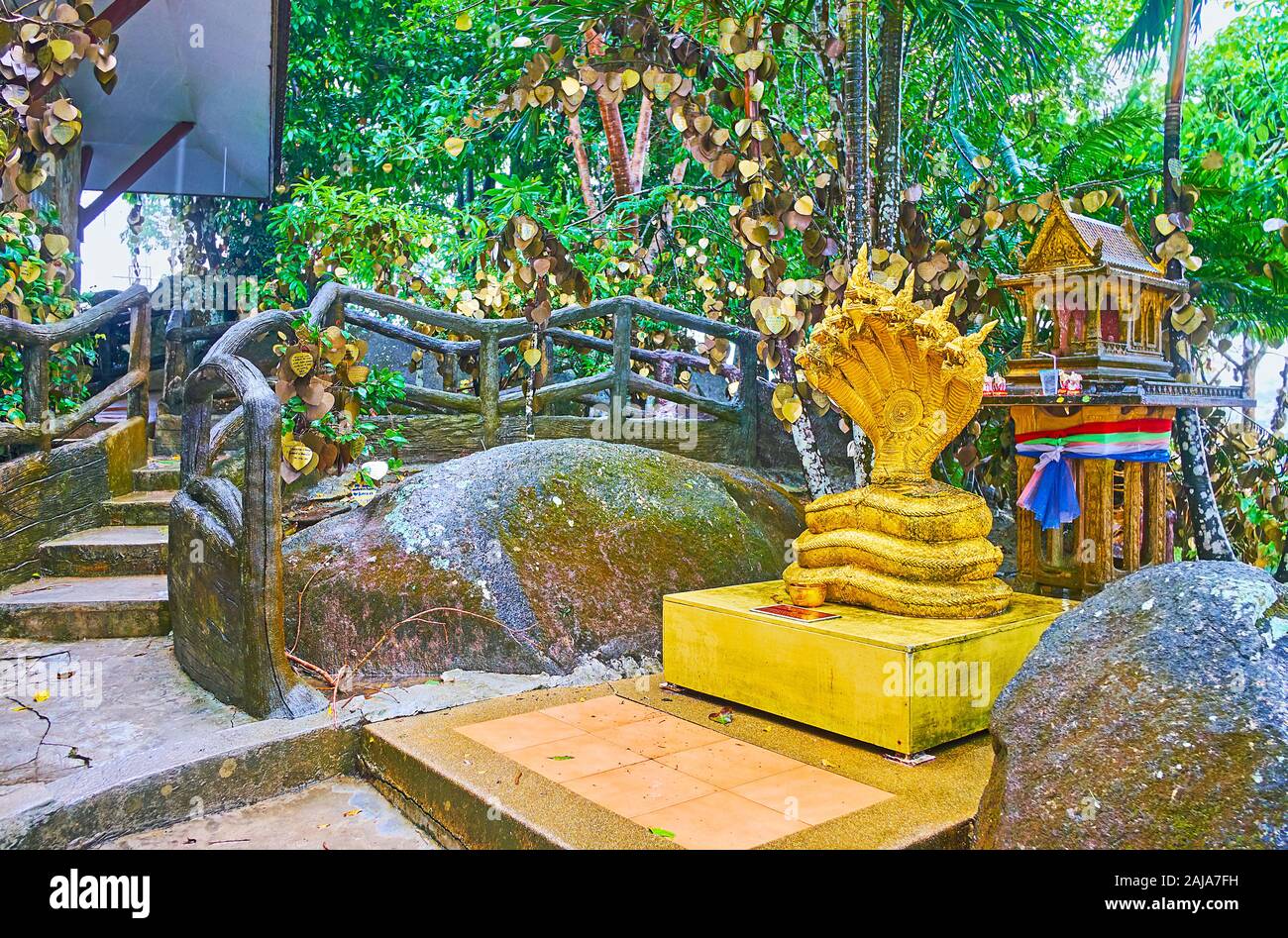 The slope of Nakkerd Hill is occupied with numerous small shrines, images and mondops of Great Phuket Buddha Temple, Chalong, Thailand Stock Photo