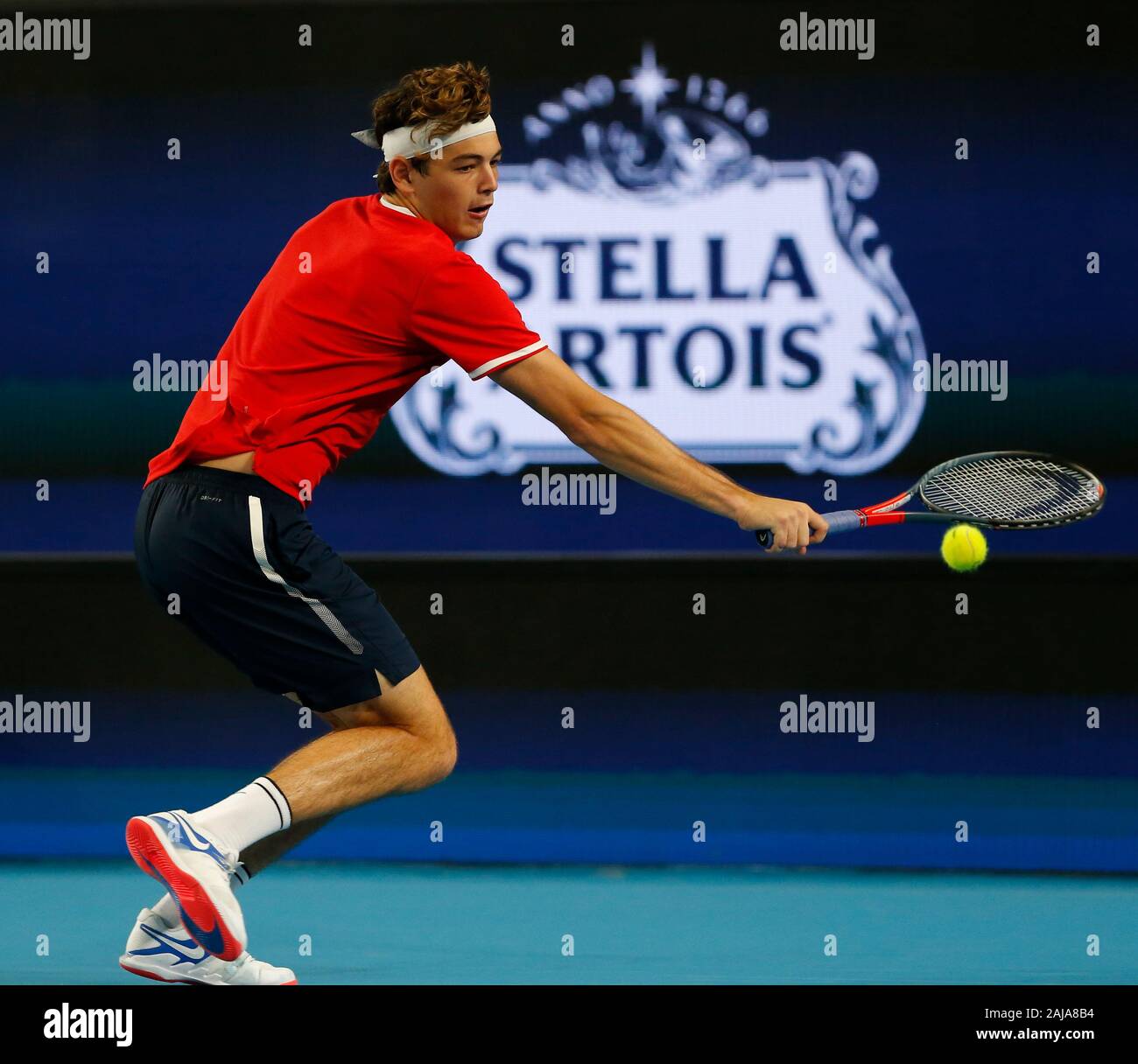 Rac Arena Perth Western Australia 3rd Jan 2020 Atp Cup Australia Perth Day 1 Usa V Norway Taylor Fritz Of The Usa Plays A Backhand Shot From The Baseline Against Viktor Durasovic