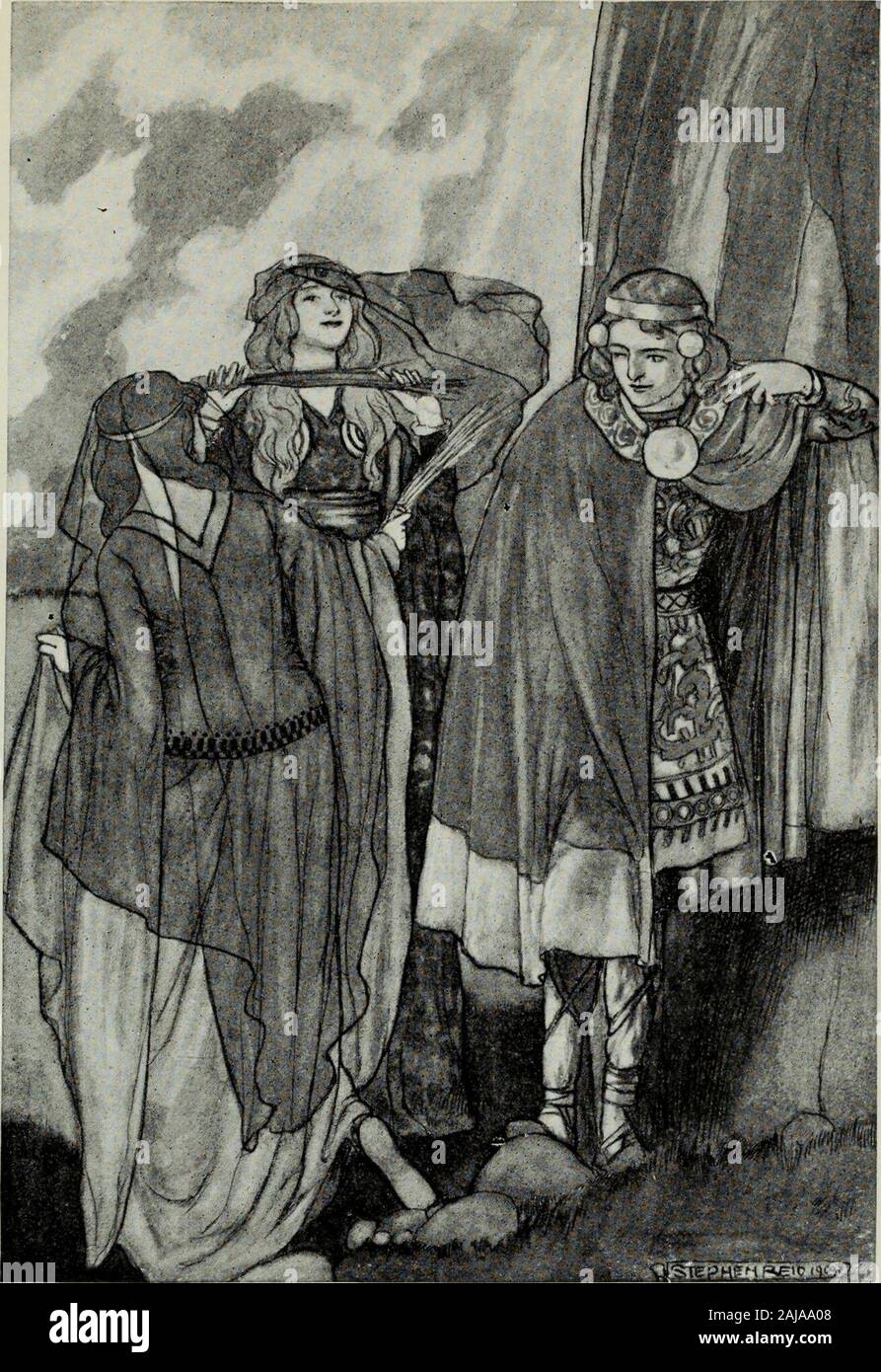 Myths and legends ; the Celtic race . cried Fergus. Cuchulain macSualtam; and now do thou avoid me as thou artpledged. I have promised even that, said Fergus, and thenwent out of the battle, and with him the men of Leinsterand the men of Munster, leaving Maev with her sevensons and the hosting of Connacht alone. ^ The sword of Fergus was a fairy weapon called the Caladcholg(hard dinter), a name of which Arthurs more famous Excaliburis a Latinised corruption, • The reference is to Deirdre. • Sec p. 211. »24. Cuchulain and the Fairy Maidens 224 CUCHULAIN IN FAIRYLANDIt was midday when Cuchulain Stock Photo