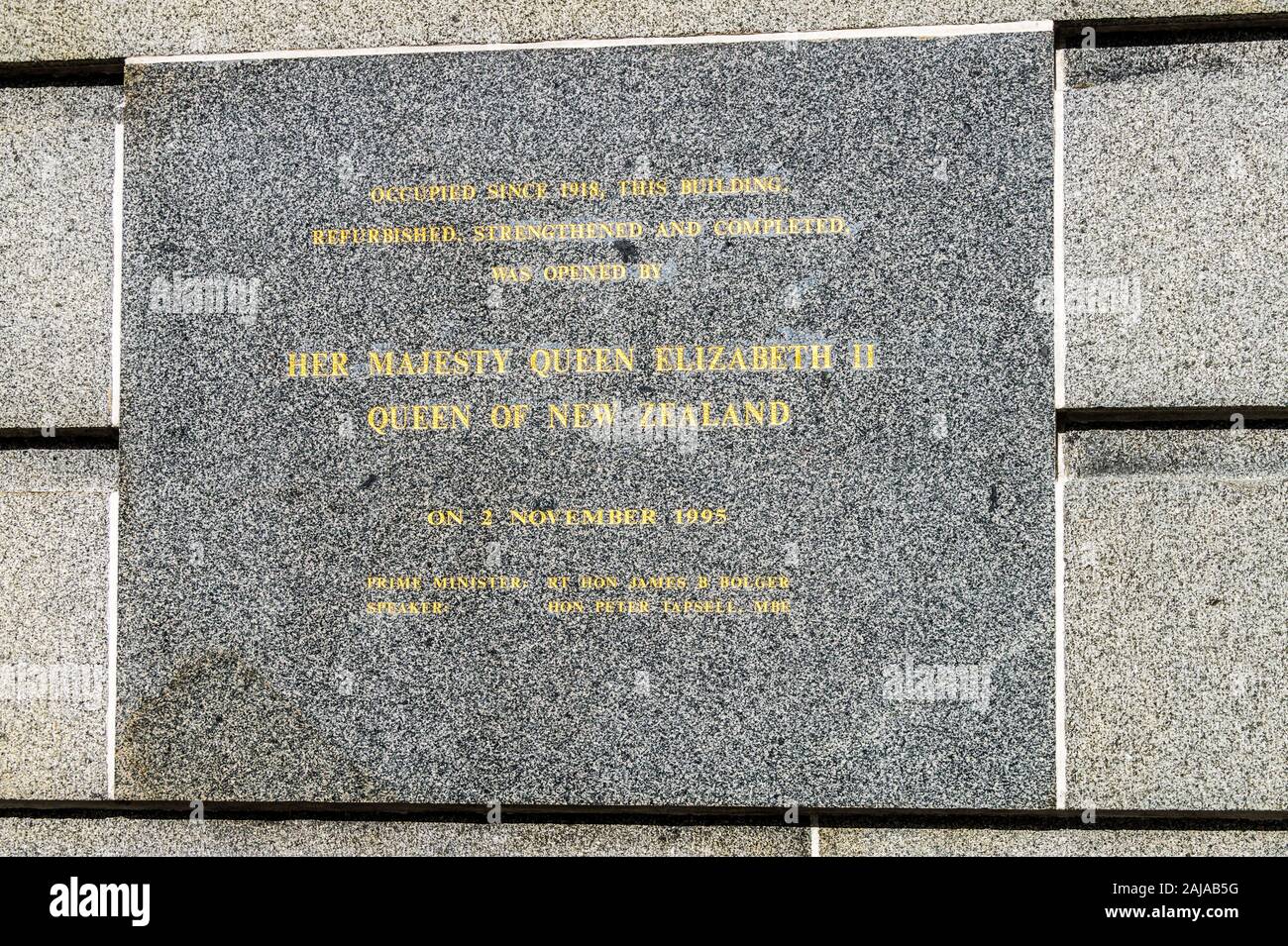Marble plaque commemorating earthquake-proofing of Parliament House, unveiled by Queen Elizabeth ll, 1995, Wellington, New Zealand Stock Photo