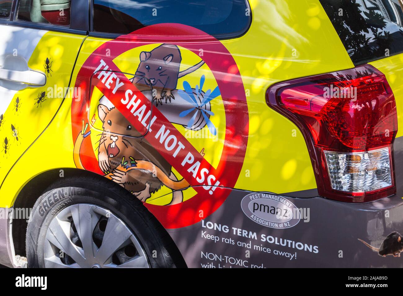 Artwork on a pest control vehicle, Wellington, New Zealand Stock Photo