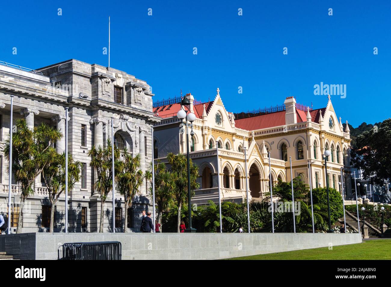 Parliament House, by John Campbell, 1922, Edwardian neoclassical style, and Parliamentary Library,Wellington, New Zealand Stock Photo