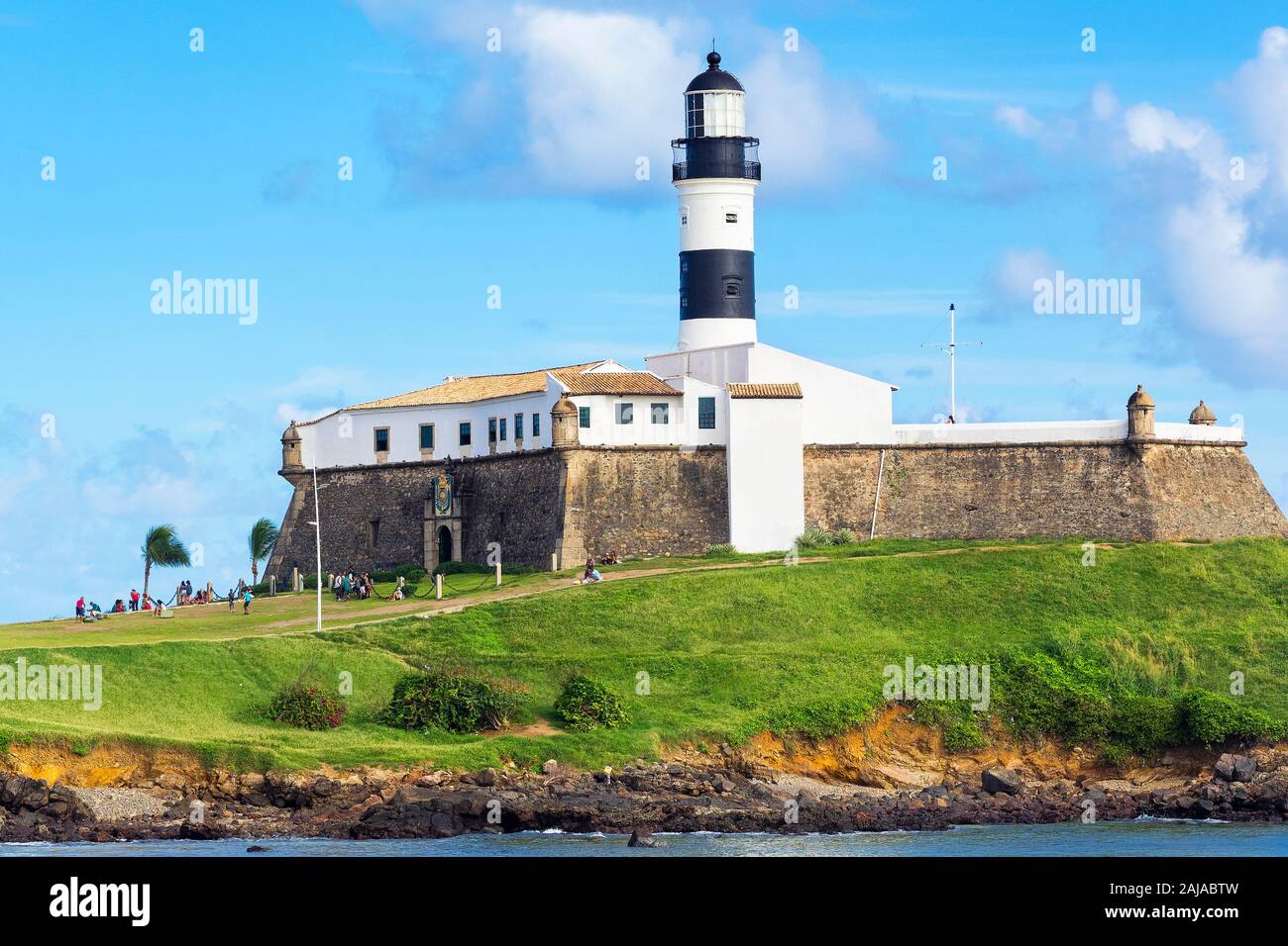 View of the famous Farol da Barra Lighthouse in Salvador da Bahia, Brazil. Dating from the year 1698, it is said to be the oldest lighthouse in South Stock Photo