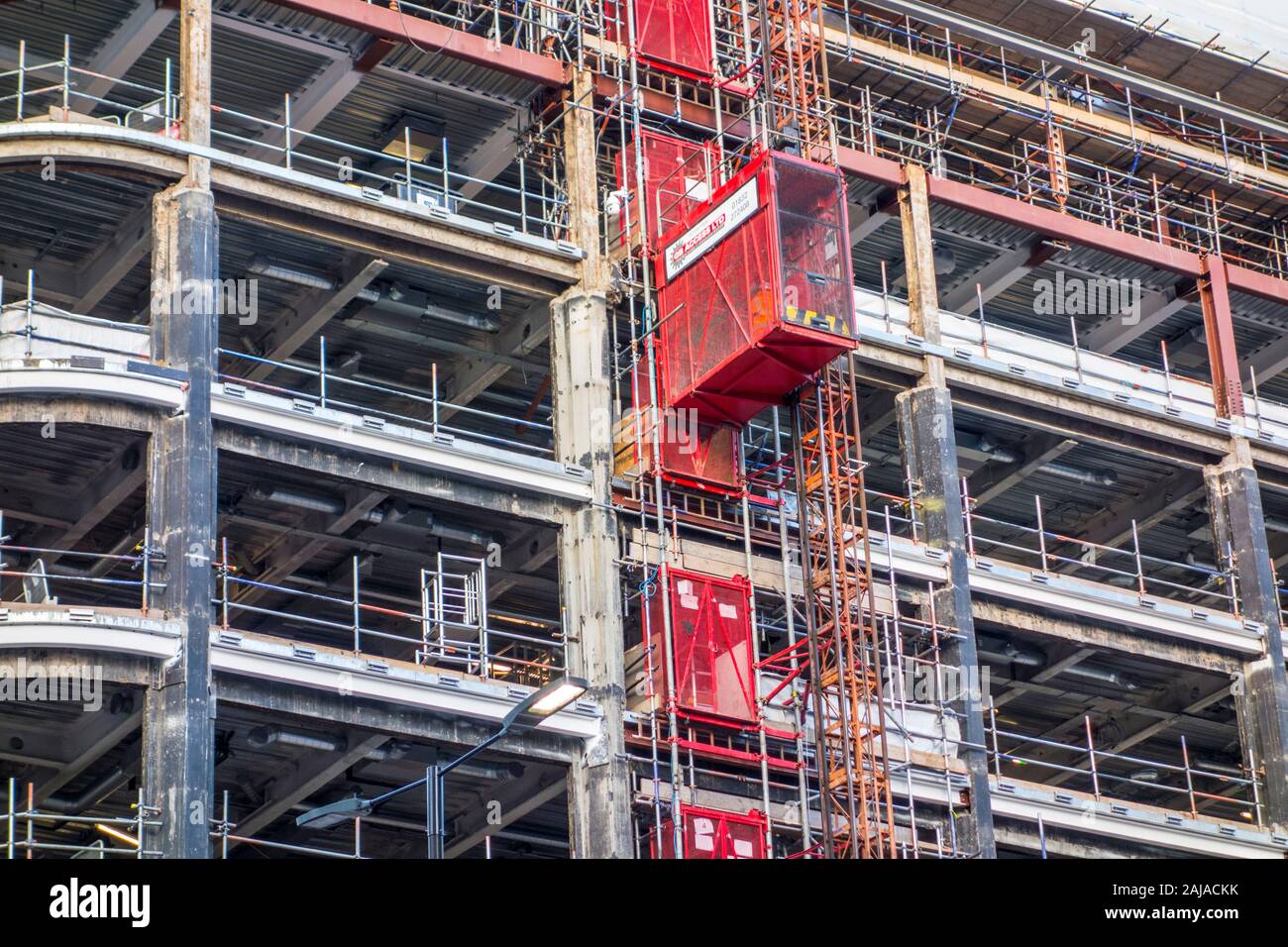 External lift on a new development for construction workers. London, UK Stock Photo