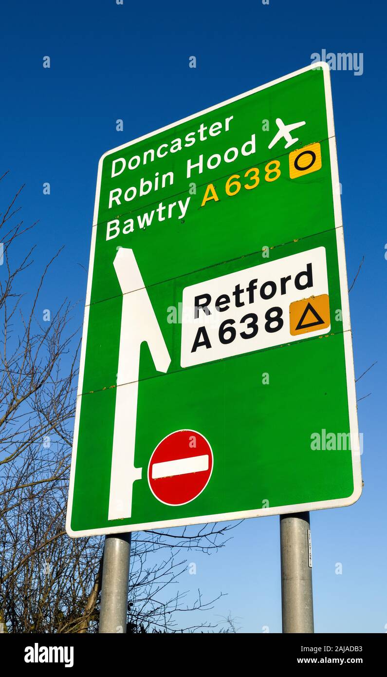 Road Traffic Highway Information Rote Signs in North Nottinghamshire for Doncaster Airport And Bawtry. Stock Photo
