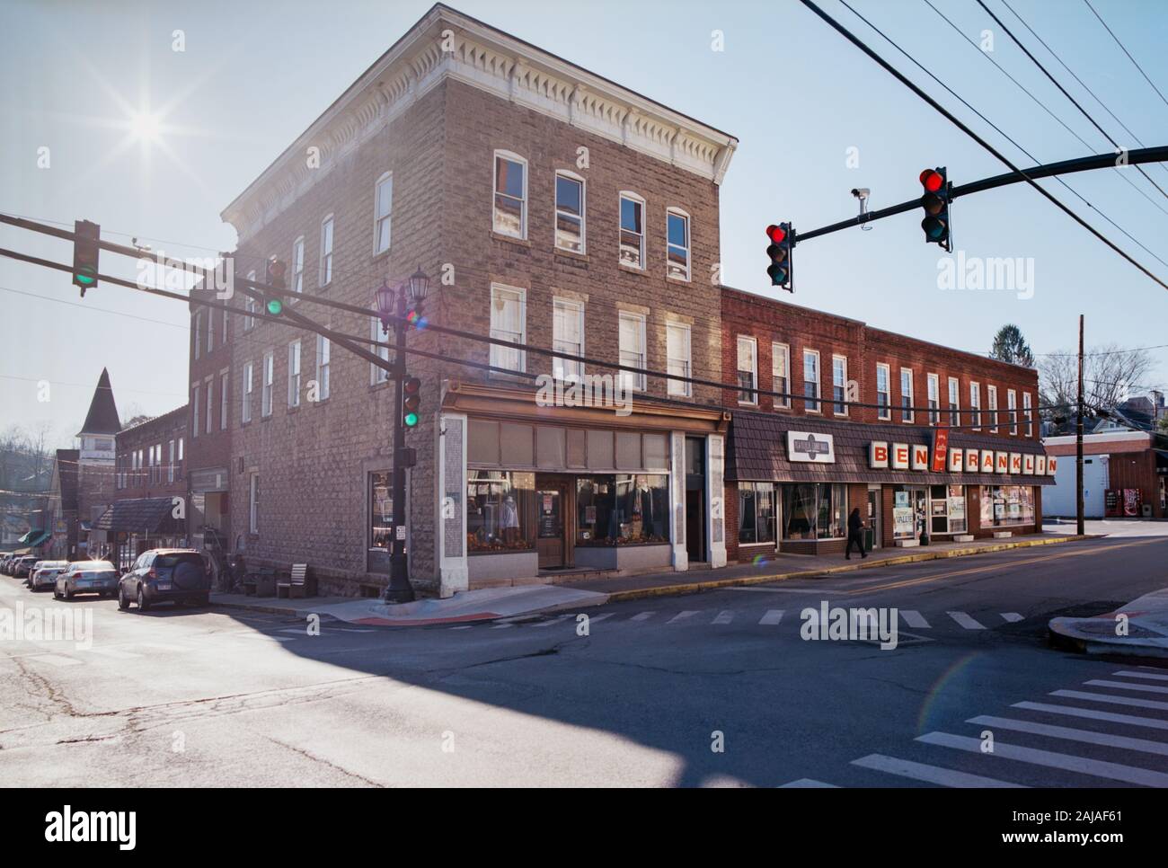 Street Corner in Fayetteville West Virginia on a Sunny Day Stock Photo