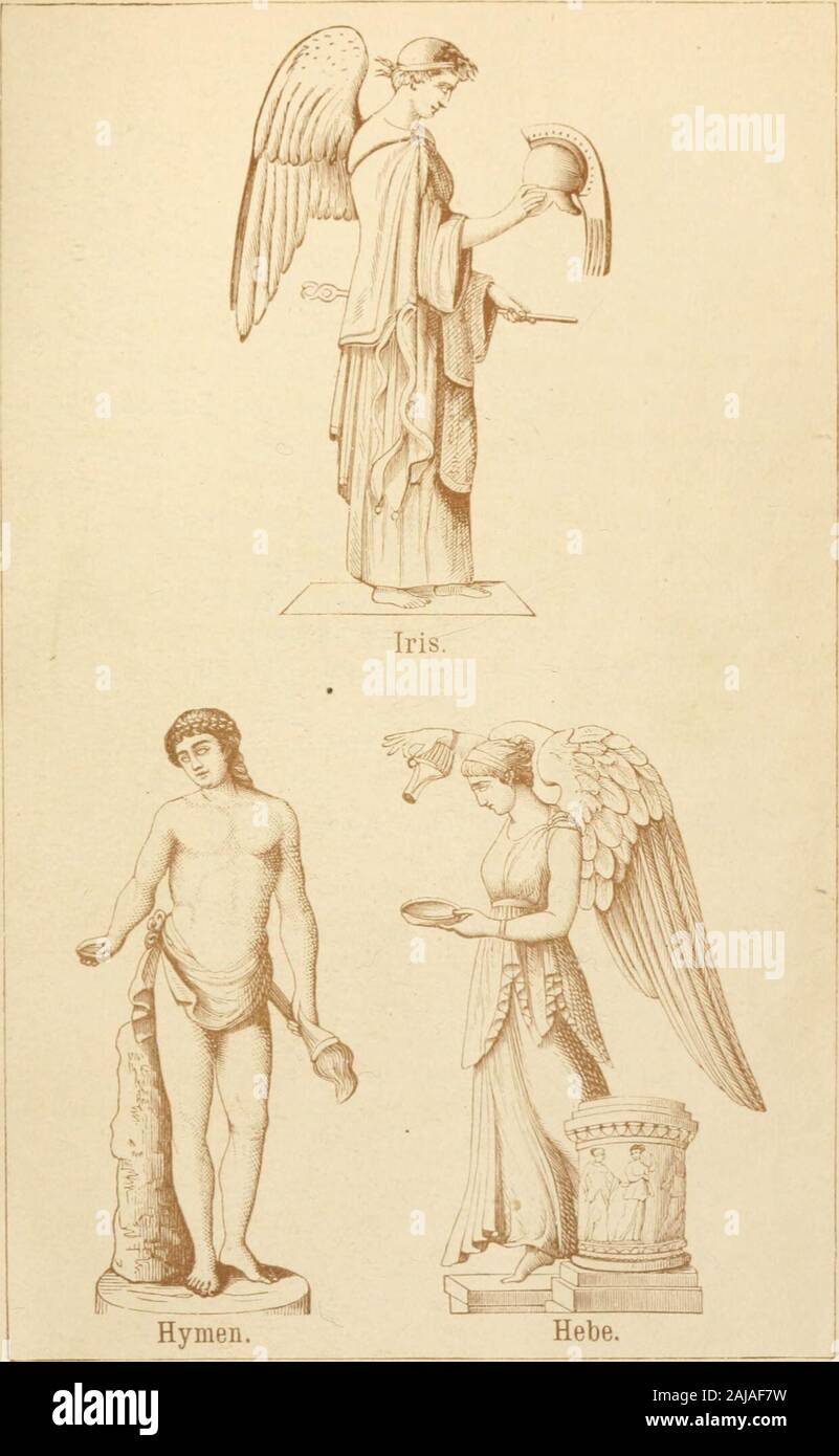 Manual of mythology : Greek and Roman, Norse, and old German, Hindoo and Egyptian mythology . of the sea,or to the Styx, and in this respect formed a female counterpartof Hermes (Mercury) in his capacity of messenger of thegods, she holding much the same position towards Hera as hedid towards Zeus. • It was Iris, the ancients believed, who charged the cloudswith water from lakes and rivers, in order that they might letit fall again upon the earth in gentle fertilizing showers; and,accordingly, when her bow appeared in the clouds the farmerwelcomed it as a sign of rain to quicken his fields, an Stock Photo