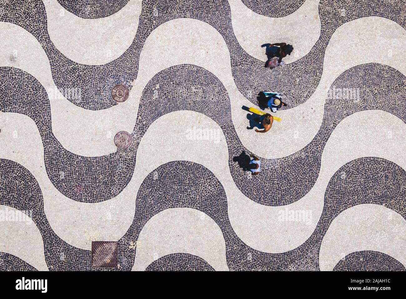 Rio de Janeiro, Brazil, top aerial view of people walking on the iconic Copacabana Beach mosaic sidewalk. Stock Photo