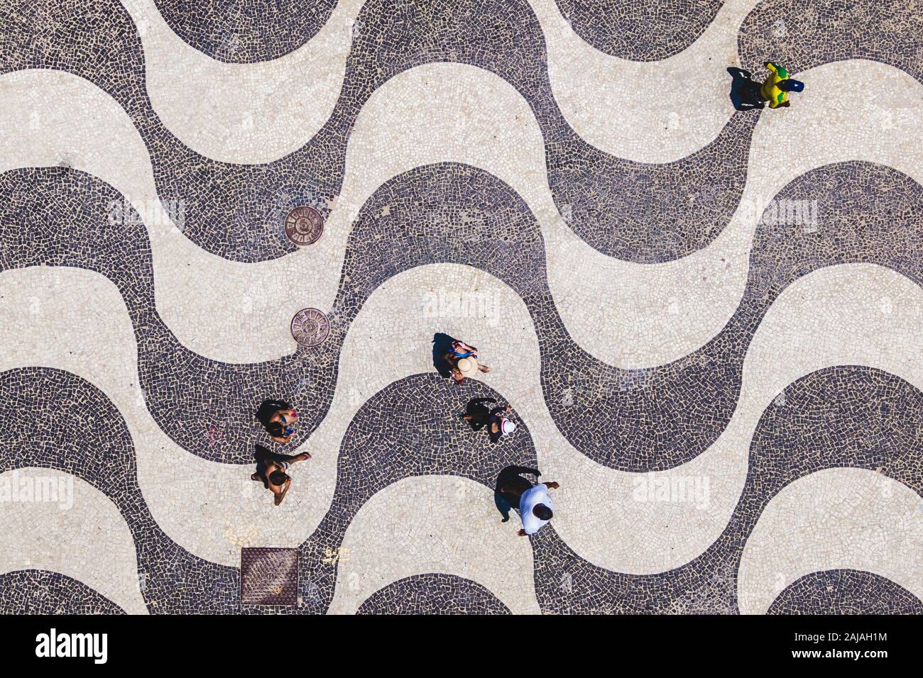Rio de Janeiro, Brazil, top aerial view of people walking on the iconic Copacabana Beach mosaic sidewalk. Stock Photo