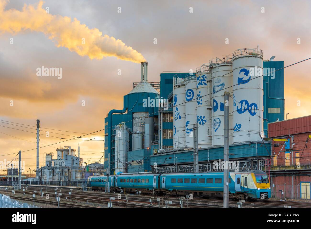 Unilever factory at Warrington Bank Quay. Emissions chimney. Stock Photo