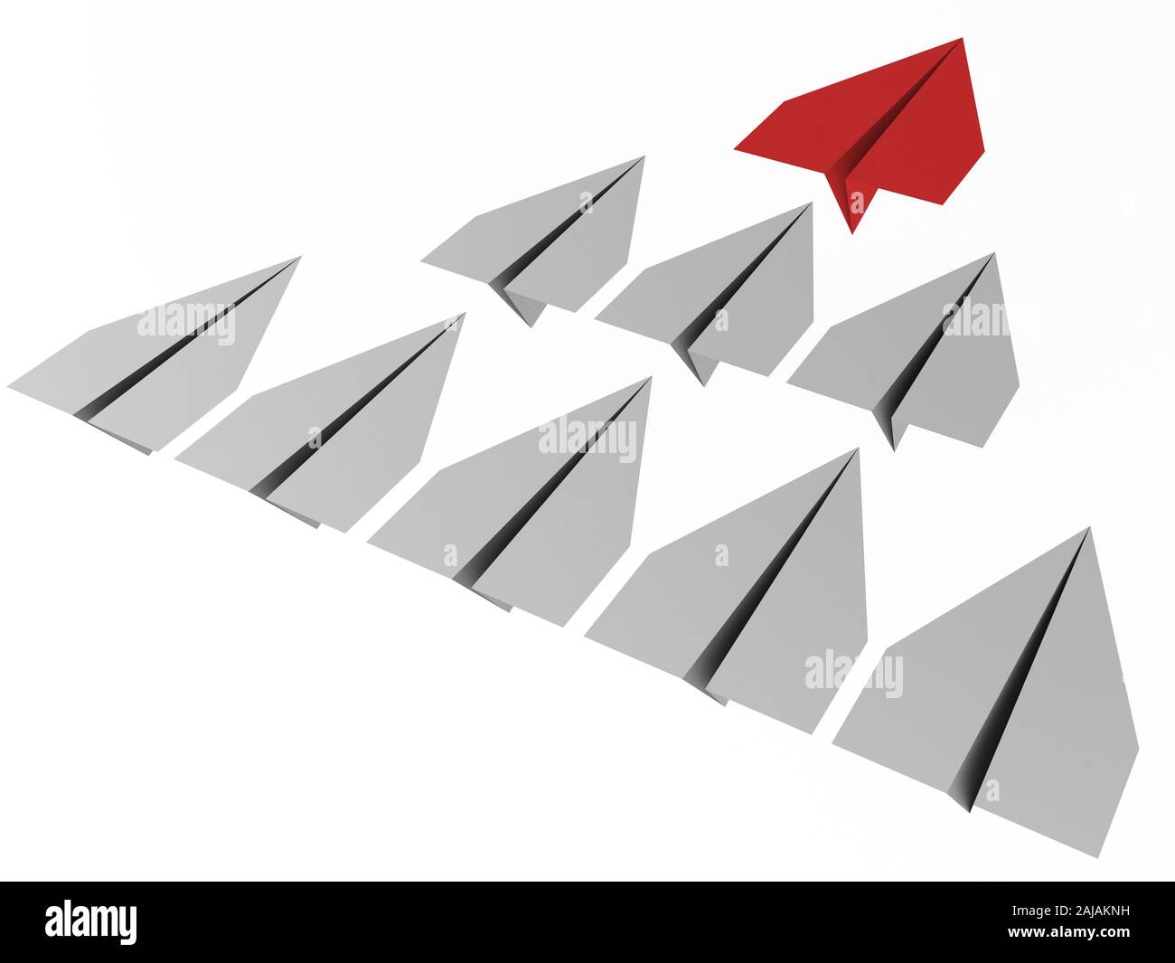Leadership concept. One red leader plane leads other grey planes forward. 3d render Stock Photo