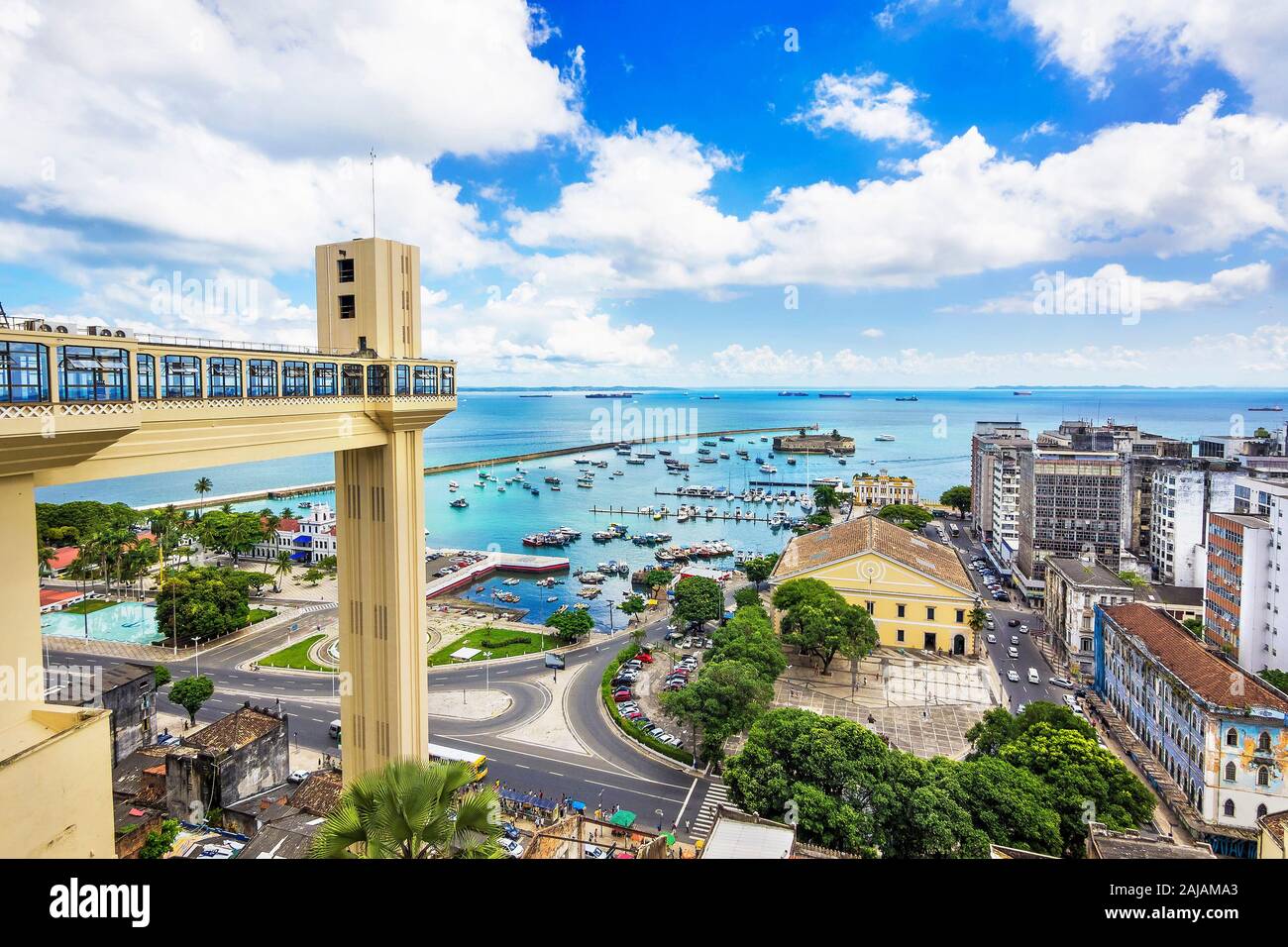 View of Salvador da Bahia cityscape including architectural landmark Lacerda Lift in Salvador, Bahia, Brazil. Stock Photo