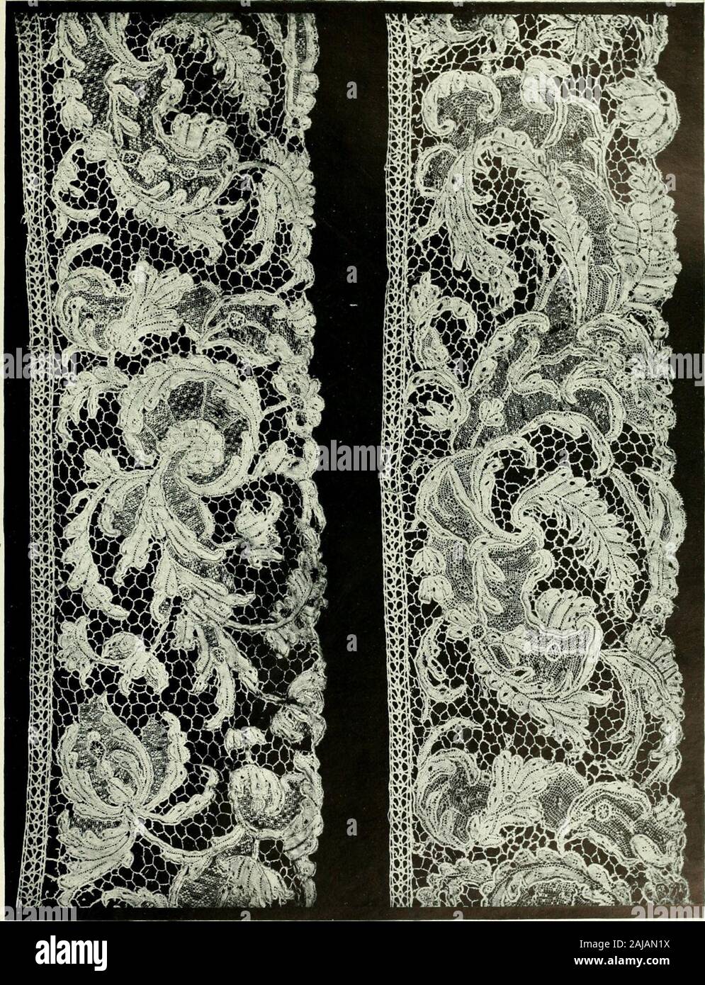 Seven centuries of lace . Plate LVIII. TWO EXAMPLES OF VENETIAN POINT A RESEAU No. I. Needle-point lace usually called Veactian point 4 riseau. The pattern entirely covers the lace and is of conventional floral tvpe :the filhngs are very varied. This lace is not Venetian in design, and was probably made at Sedan. 6 ft. 5 in. No. 3 is a beautiful fragment, actual size, of Venetianpoint 4 rfeeau n, ear y i i cen my Venice, late lyih century. Plate LIX A BORDER OF NEEDLE-POINT LACE, POSSIBLY VENETIAN,THOUGH THE STYLE IS FRENCH The pattern is of leafy scrolls and conventional flowers well marked, Stock Photo