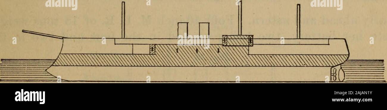Report of the British naval and military operations in Egypt, 1882 . ches of wood, 7 inches of iron, in all16 inches of metal. In each turret are two 16 inch M. L. R. of 81 tonsweight. Forward of and abaft the turrets are comparatively narrow super-structures (21 and 30 feet wide), each about 100 feet in length, andbuilt, for the accommodation of the crew and officers, inside the lines offire. On top of the superstructures are a few small pieces, B. L. R.20-pdrs., Nordenfeldts, &c. The elevating and depressing of the 81-ton guns is performed auto-matically. These guns have no top carriage, pro Stock Photo