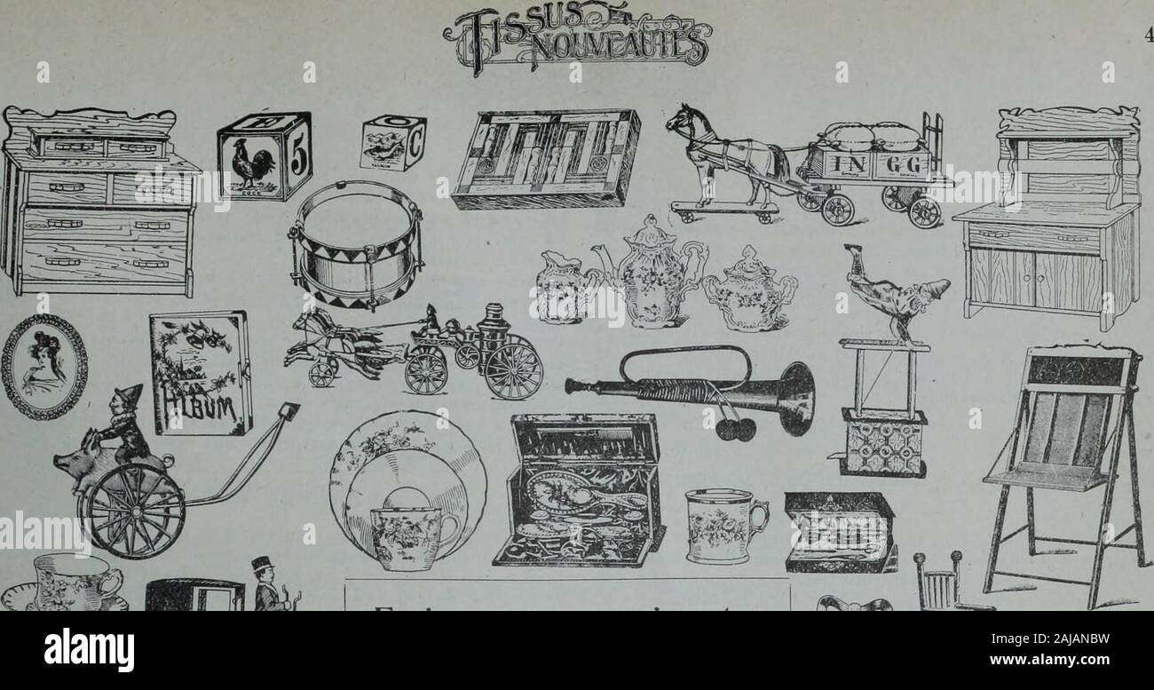 Tissus et nouveauts 1900 . s et de musiques àbouche. Le rayon des laines à tricoter est au complet et comprend, lesShetland Floss, les laines de Berlin, Andalouses, Baldwin etCanadian fingerings. Parmi les autres nouveautés on remarqueles galons dor pour garnitures, les ceintures en cuir vernis, uneligne de porte-monnaie à coins en argent et des objets de toilettemontés en argent et en ébonoïde à 25c pièce ainsi que les parfu-meries de la marque Crown comprenant les savonnettes, etc. Dans le département des toiles, les nouveautés pour le commercede Noël sont en grande évidence et comprennent l Stock Photo