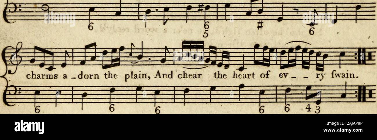 The Scots musical museum . ere my charming Ma   ry bides, Thefe banks that breathe their ^ m t • 3= e ^P=F f |^J f jij^Jjcrncif^J-J|^ veronal fweets, Where ev  ry fmiling beau ty meets; Where Marys. Oft in the thick embowring groves, Where birds their muflc chirp aloud,Alternately we lung our loves, And Forthas fair meanders viewcl.The meadows wore a genral fmile,Love was our banquet all the while;The lovely profpect charmd the eye,To where the ocean met the fky. Once on the graf/y bank reclined, WThere Forth ran by in murmurs deep, It was my happy chance to findThe charming Mary lulld afleep; Stock Photo