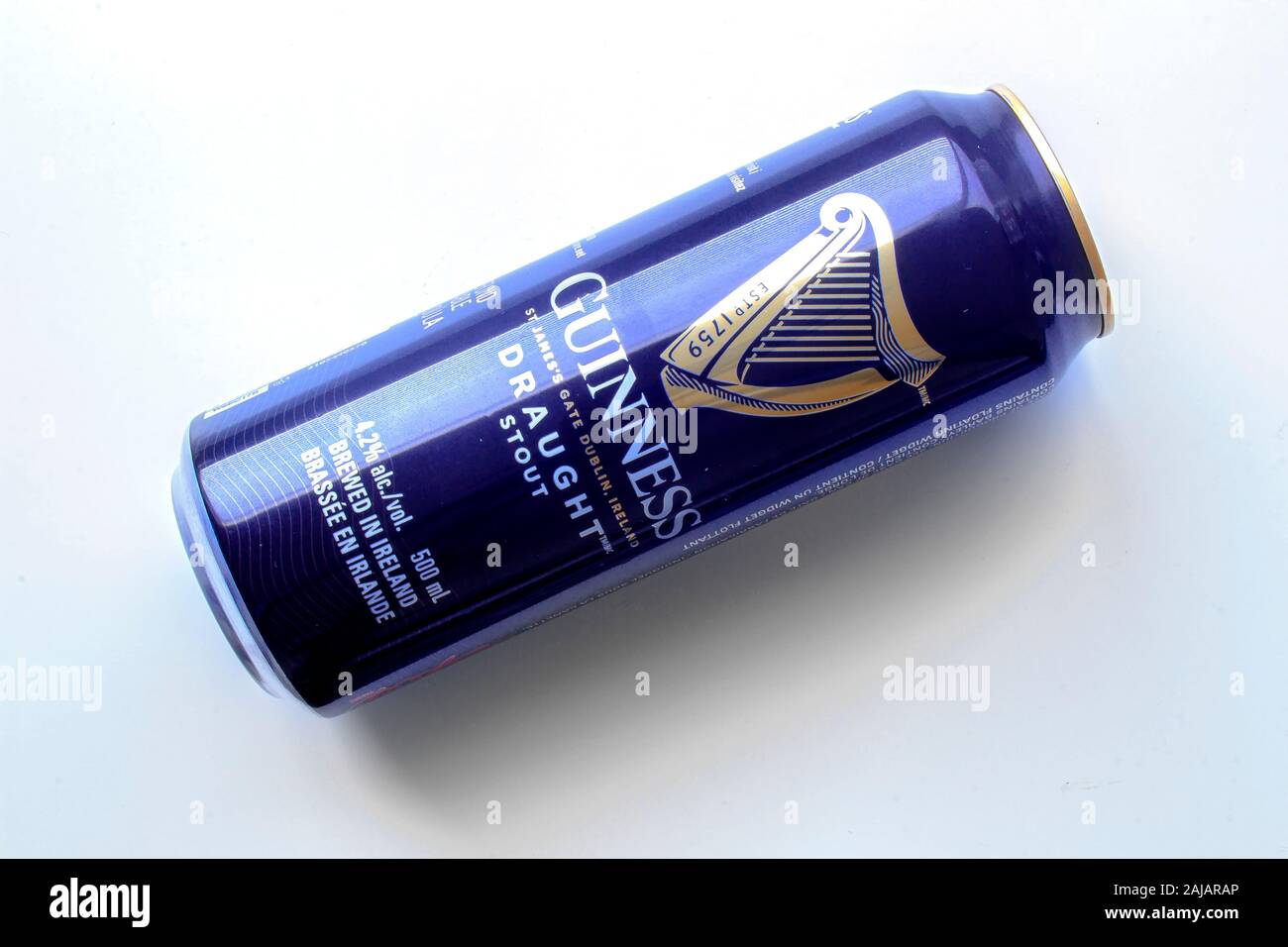 Park Royal, London, England. Jan 3, 2020. An irish guinness beer can on a white background with a soft shadow. Diageo to move HQ to central London. Il Stock Photo